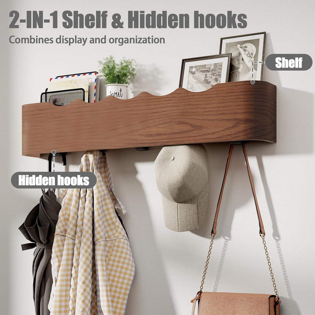 Coat Rack Wall Mount with Shelf 5 Hidden Hooks Modern Wooden Key Holder Entryway Organizer for Hallway Bedroom Bathroom