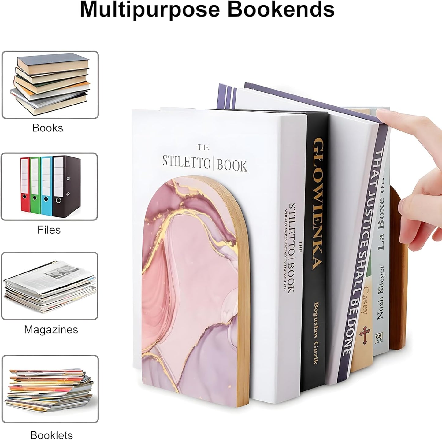 Wood Bookends / Glitter Rose Gold Marble Book Ends Book Stand Supports / Pink / Set of 2