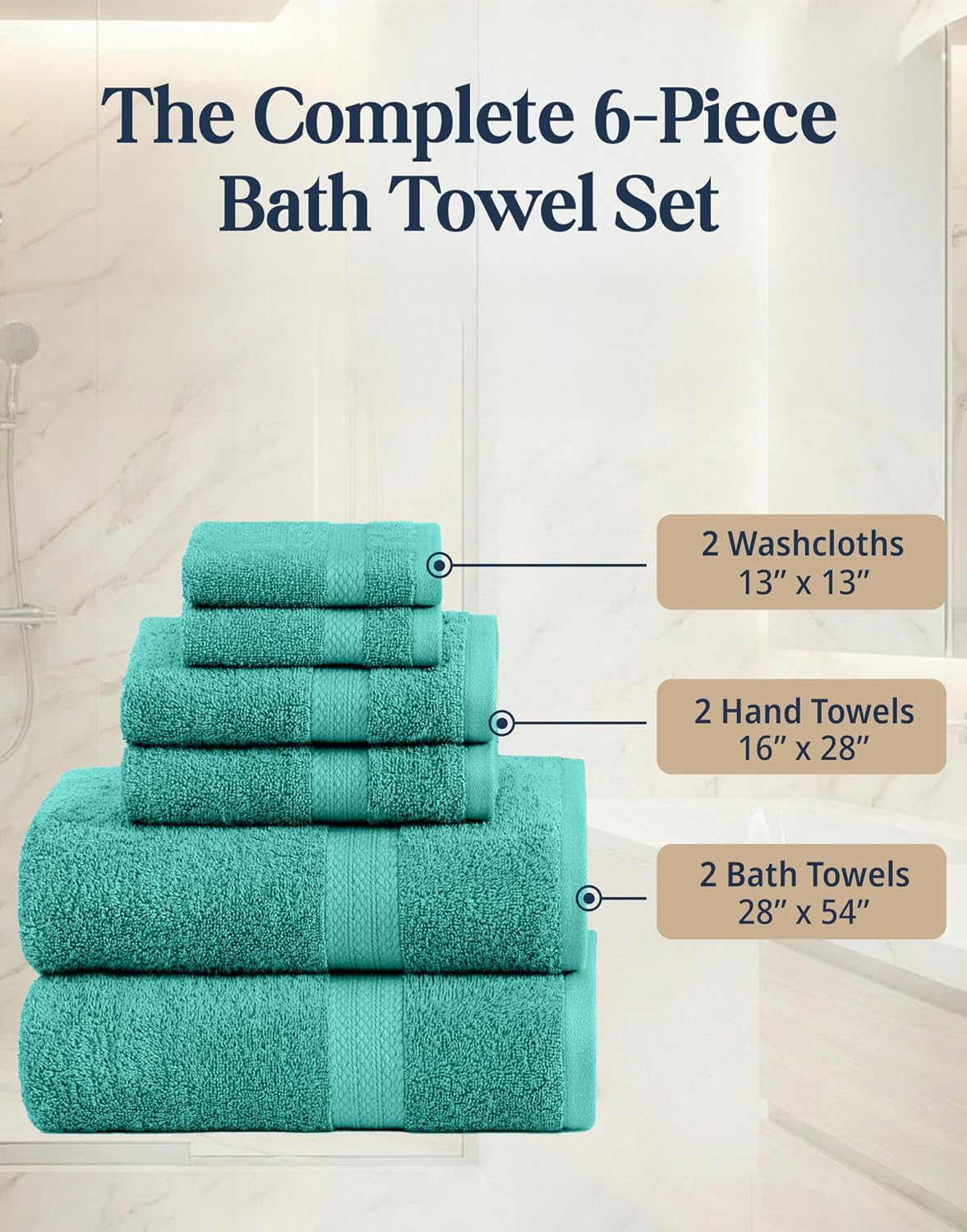 LANE LINEN Towel Set 6 Piece Soft Absorbent Quick Dry 100% Cotton - Teal | Towels And Washcloths - Terry Weave Comfort