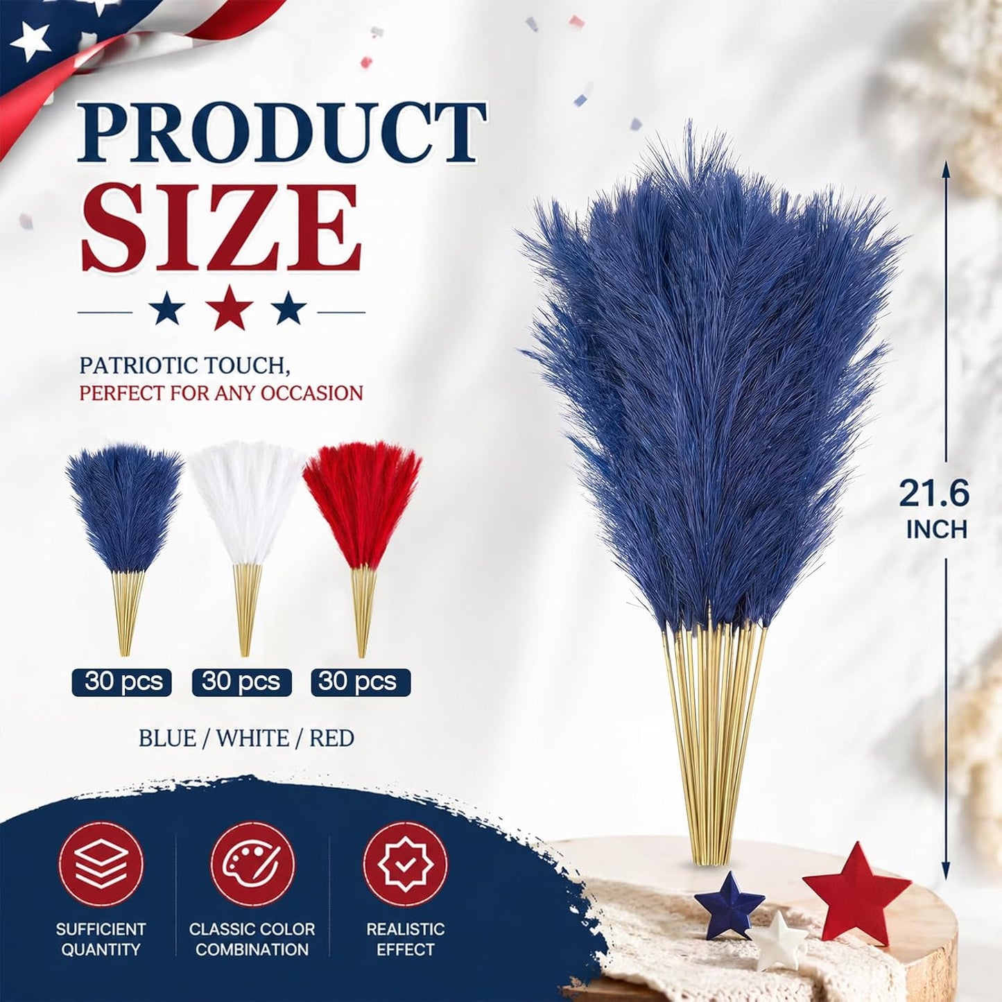 4th of July Faux Pampas Grass Decor Bulk White and Blue Patriotic / Red / 21.6 Inch / Set of 90