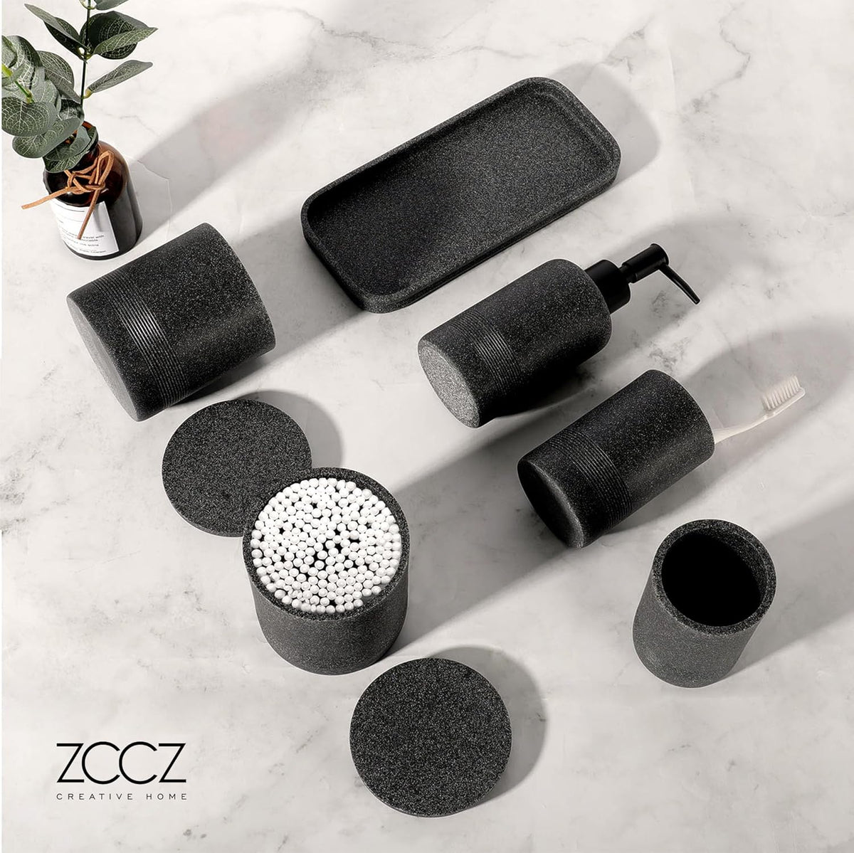 Black Stone Bathroom Accessories Set 6 Pieces - Toothbrush Holder, Lotion Dispenser, Qtip Container, Vanity Tray