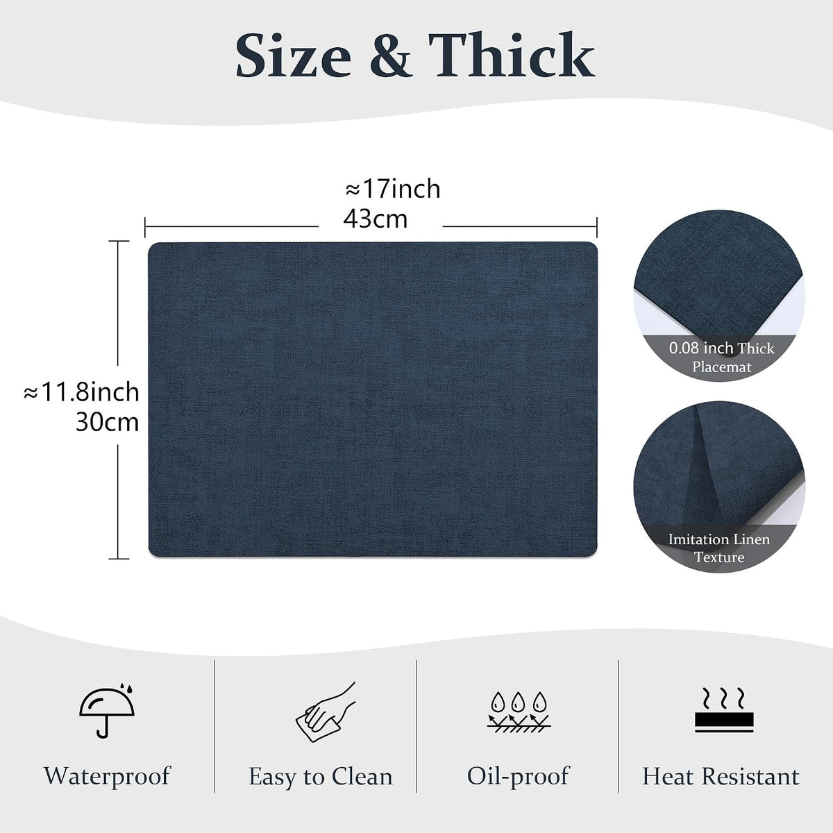 FROMHEART Faux Leather PU Placemats Set of 8 (Dark Blue,11.8" x 17") | Waterproof,Heat/Oil Stain-Resistant Table