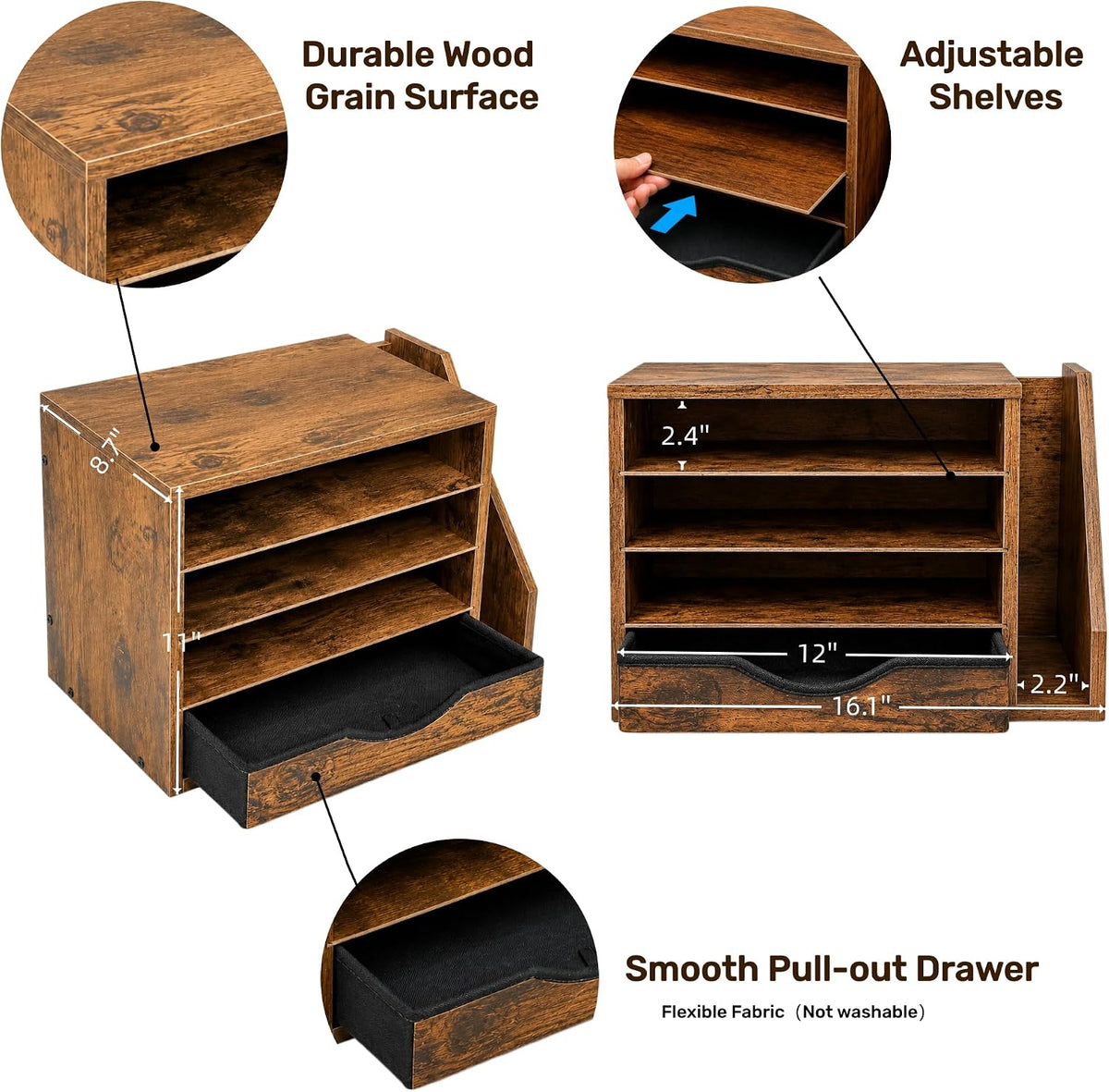 Wooden Desk Organizer with Drawers, Office Paper Mail and Organizer Wood | Four adjustable shelves and a 12-inch drawer