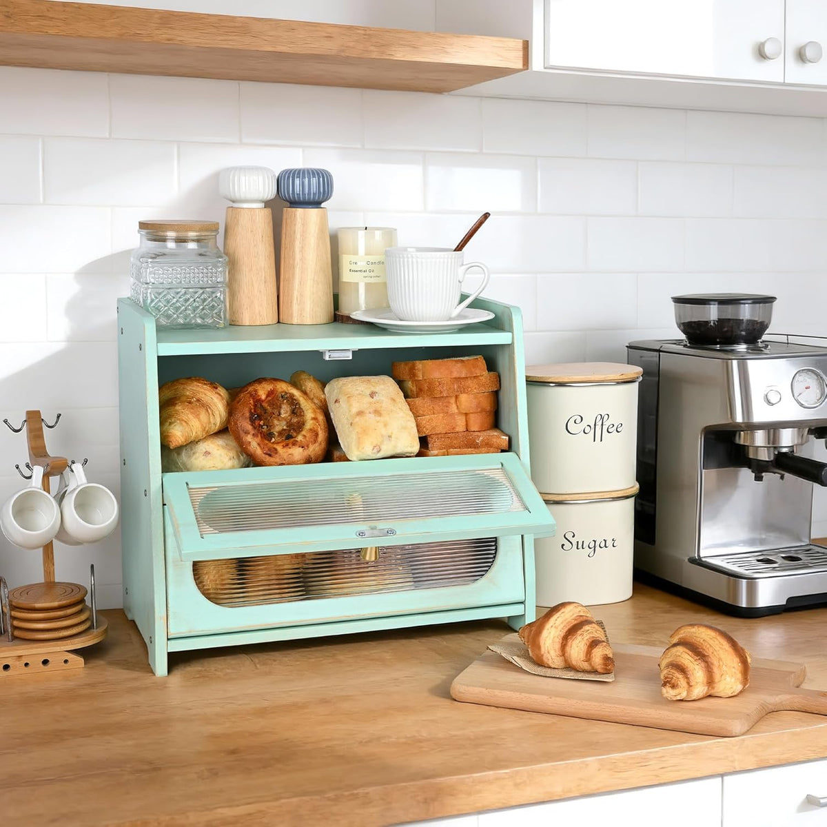 2-Tier Green Bread Box for Kitchen Countertop with Window | Farmhouse Bread Storage Container, Large Pantry Organizers