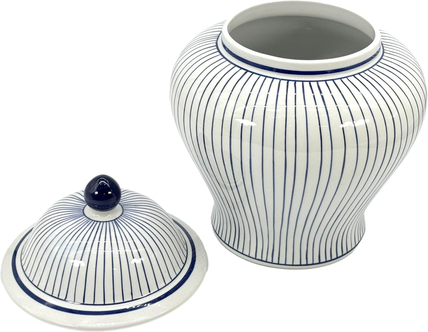 Blue & White Striped Wide Ceramic Porcelain Ginger Jar wtih Lid Temple Jar / Blue & White Stripes