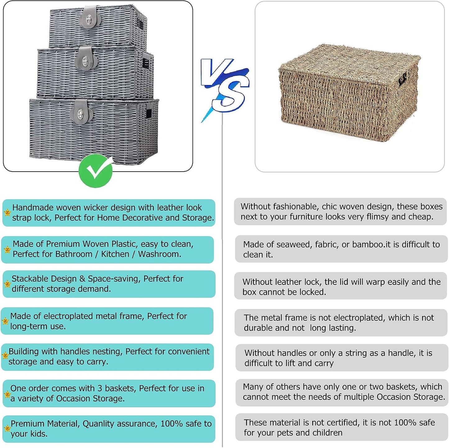 Woven Wicker Storage Basket Box / Grey / Set of 3