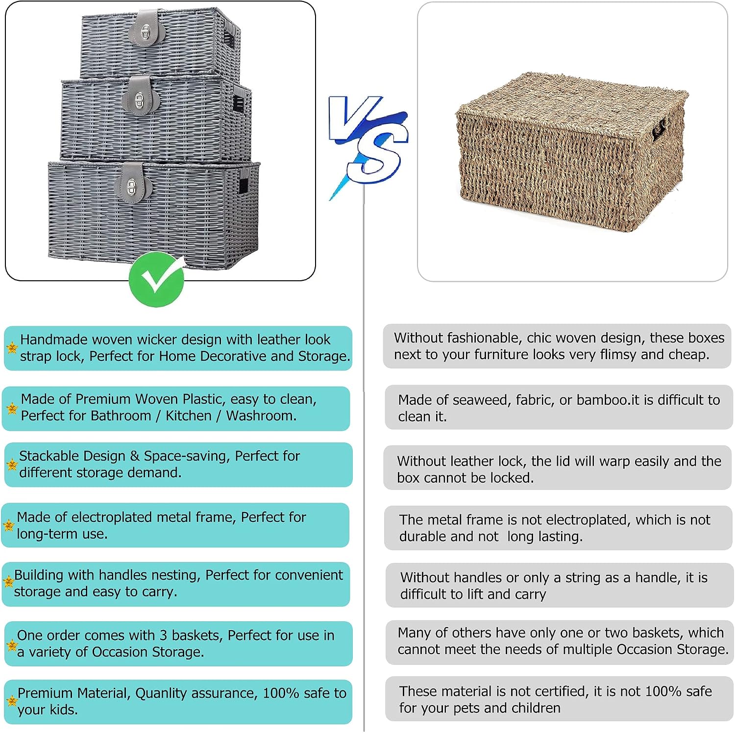 Woven Wicker Storage Basket Box / Grey / Set of 3