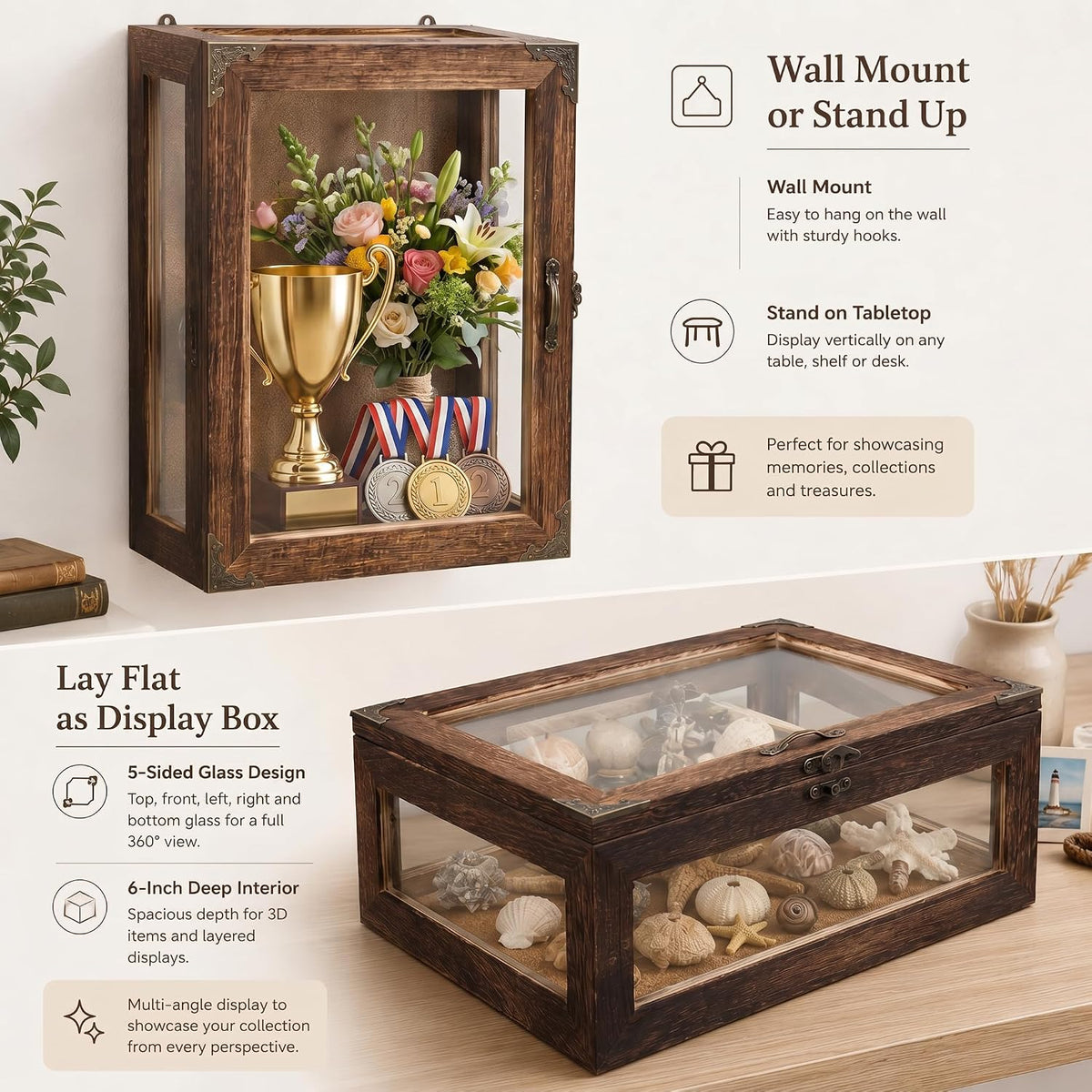 Glass Shadow Box Display Case 11x14, 6.2" Deep 5-Sided Glass Memory Box with Linen Backboard, Solid Wood Shadow Box