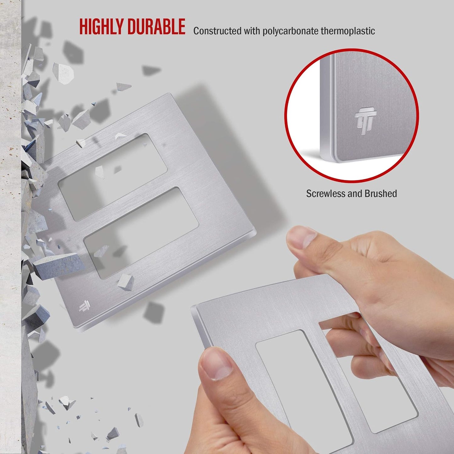 ENERLITES 2-Gang Brushed Silver Screwless Decorator Wall Plate Outlet Cover | 10 Pack, Size 4.68" x 4.73", Fits light