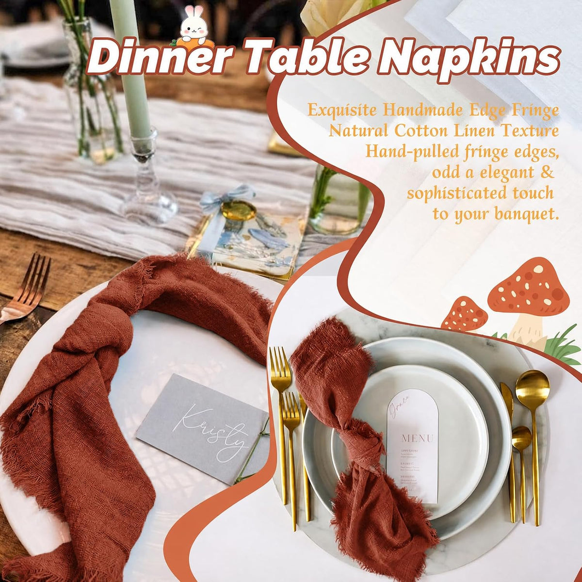Showgeous 30 Pack Terracotta Cloth Napkins with Fringe, 16x16 inch | 100% Cotton Terracotta Napkins Handmade Dinner