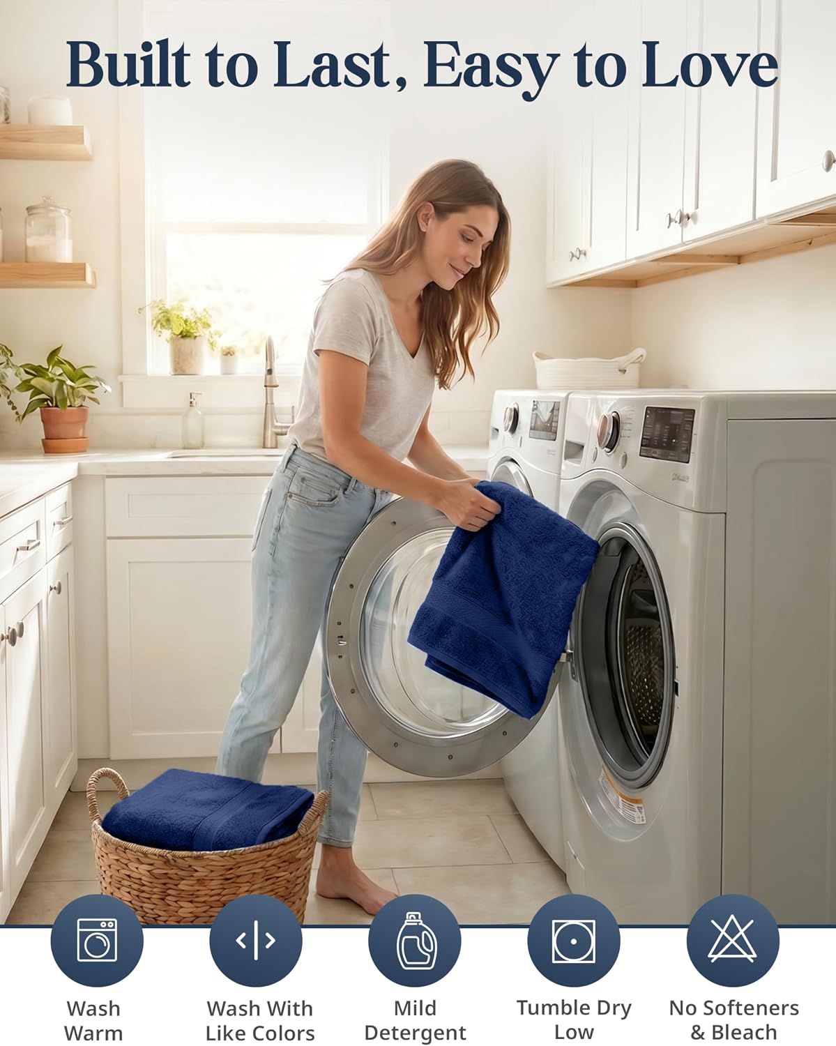 LANE LINEN Bath Towel Set Absorbent Quick Dry 100% Cotton 6 Piece - Navy | Cotton Towels For Bathroom - OEKO-TEX
