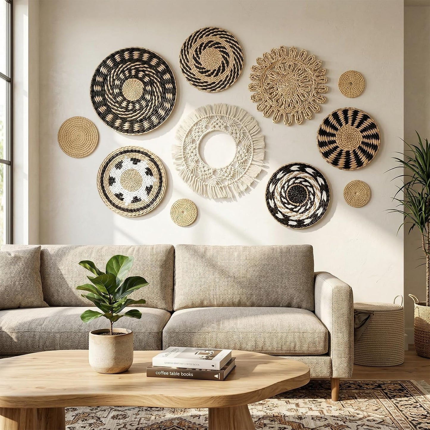 Boho Wall Basket Decor Decorative Bulrush Woven Basket Wall Decor Wicker Baskets / Set of 11