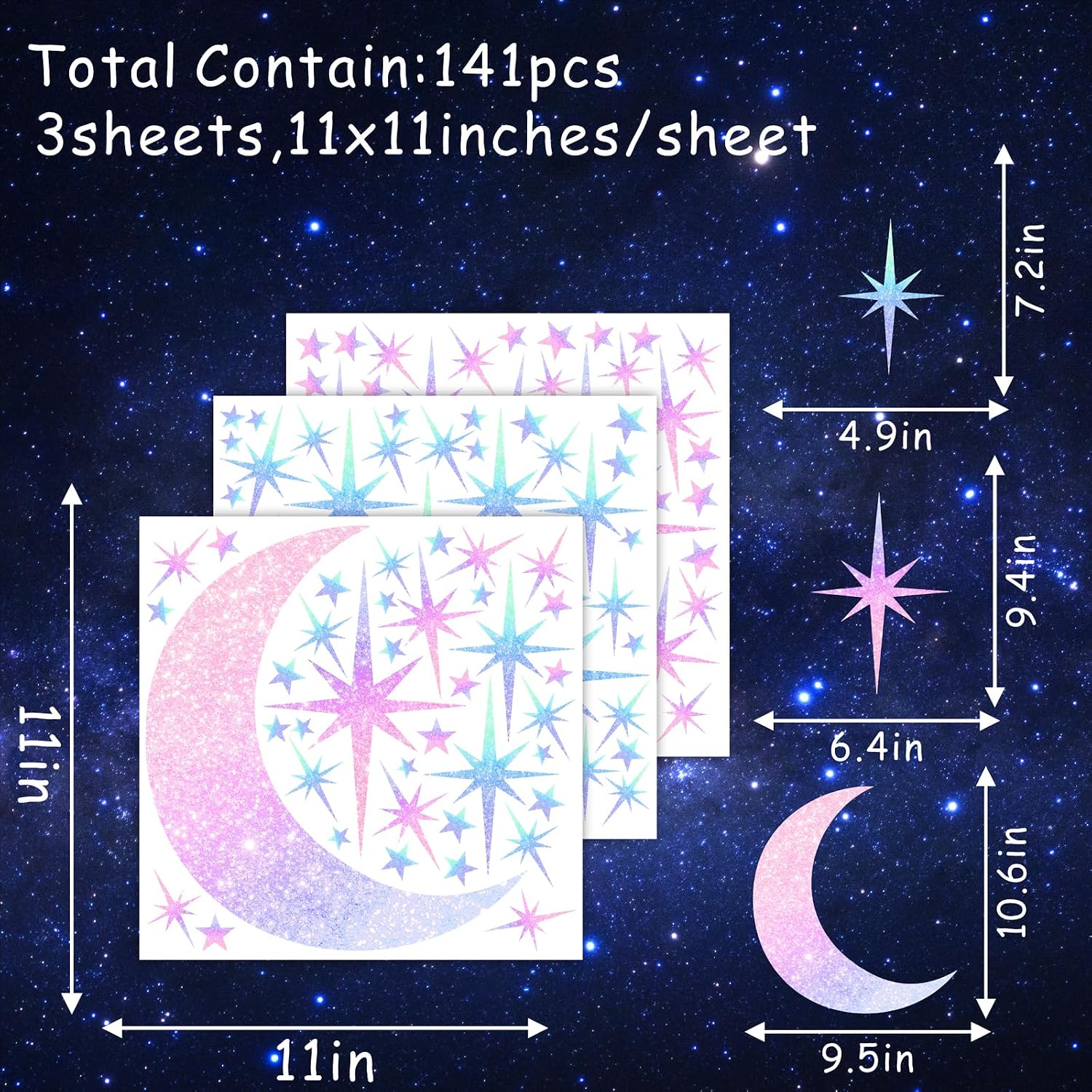 Retro Star Wall Decals Sparkle Wall Decal Peel and Stick Rainbow Star Moon Stickers / Colorful Satr