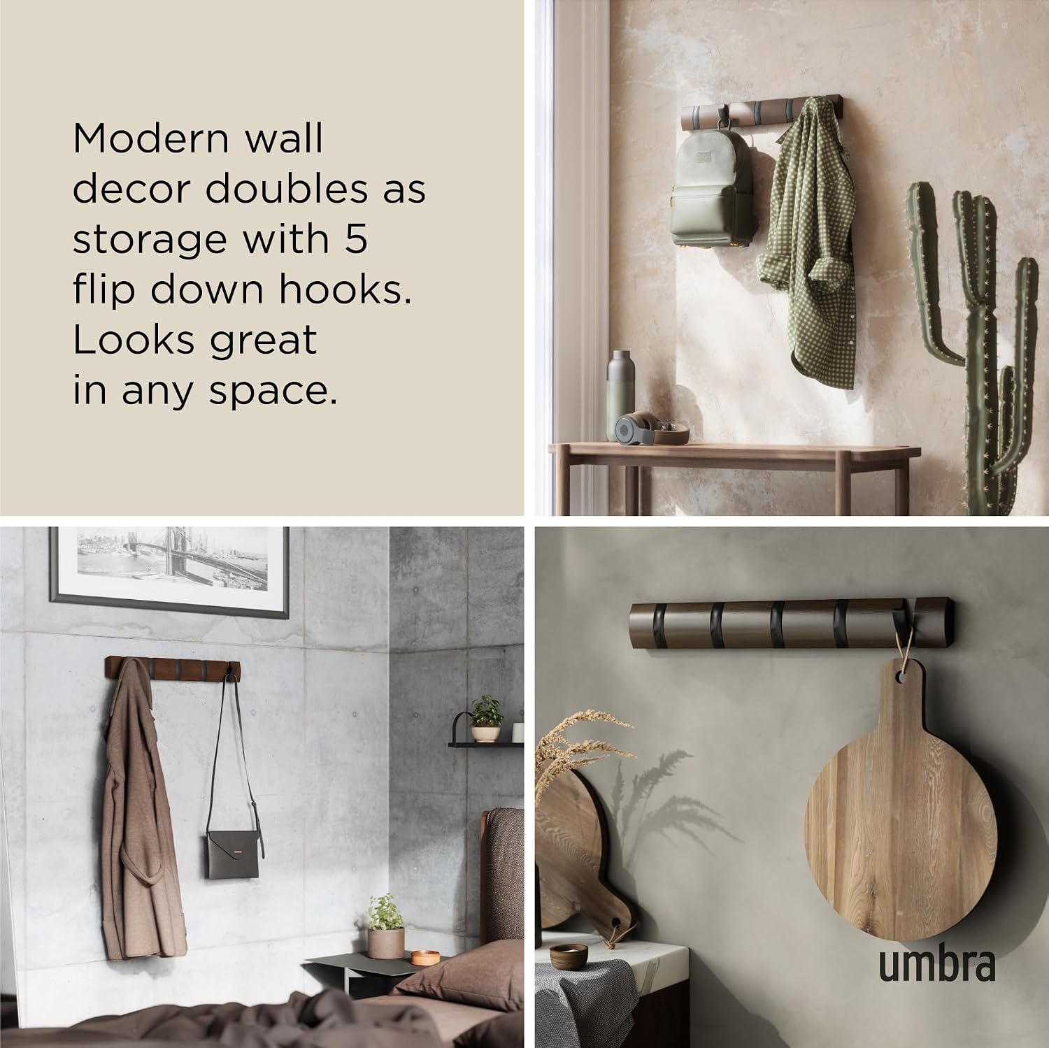 Umbra Flip Coat Rack, Wall Mounted 5-Hook Space Saving, Walnut/Black | Real wood and steel build, retractable hooks