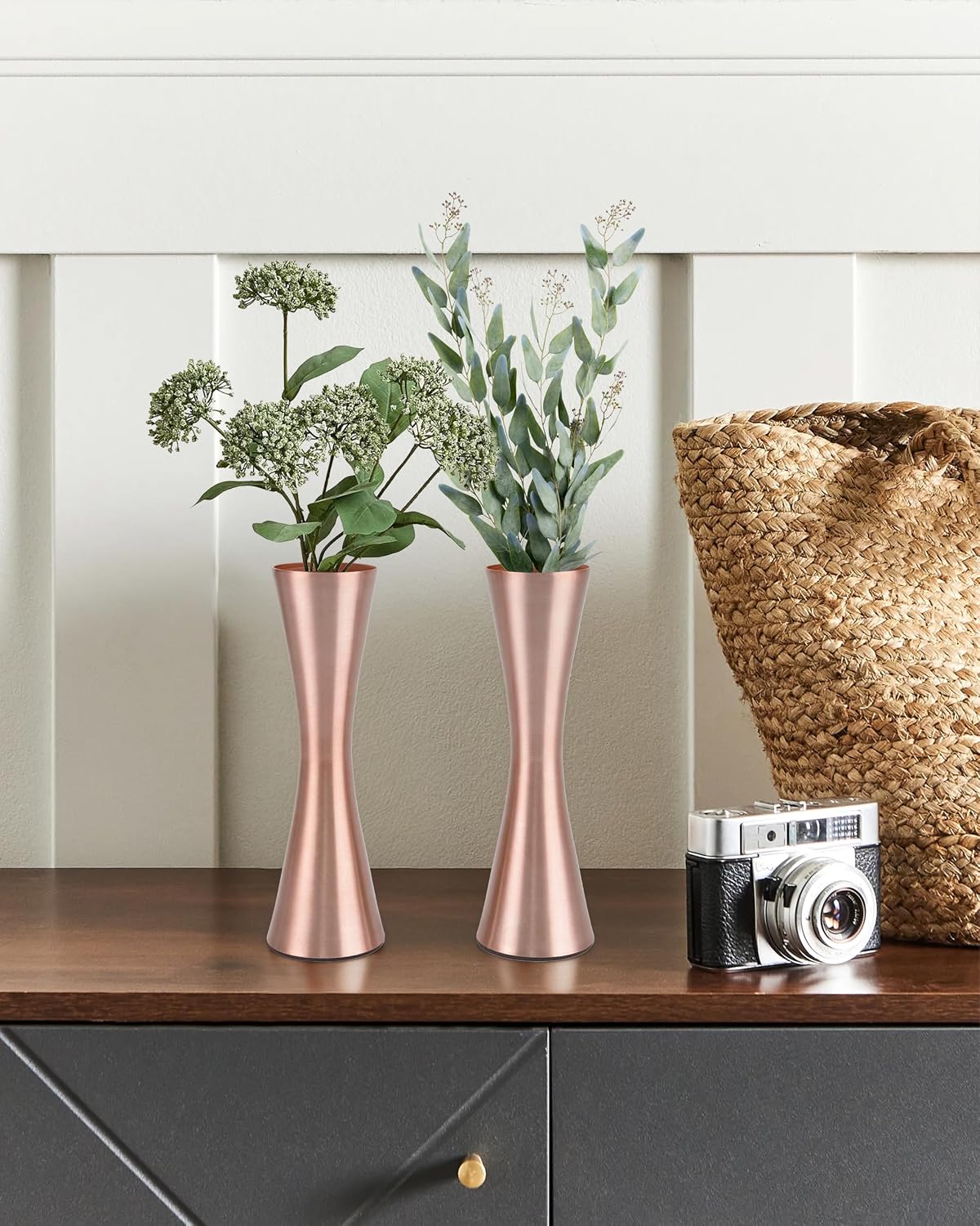 Vixdonos 6.7 inch Brass-Toned Metal Vase Small Flower Vase Set of 2 Modern Decorative Vase for Home Decor, Wedding or