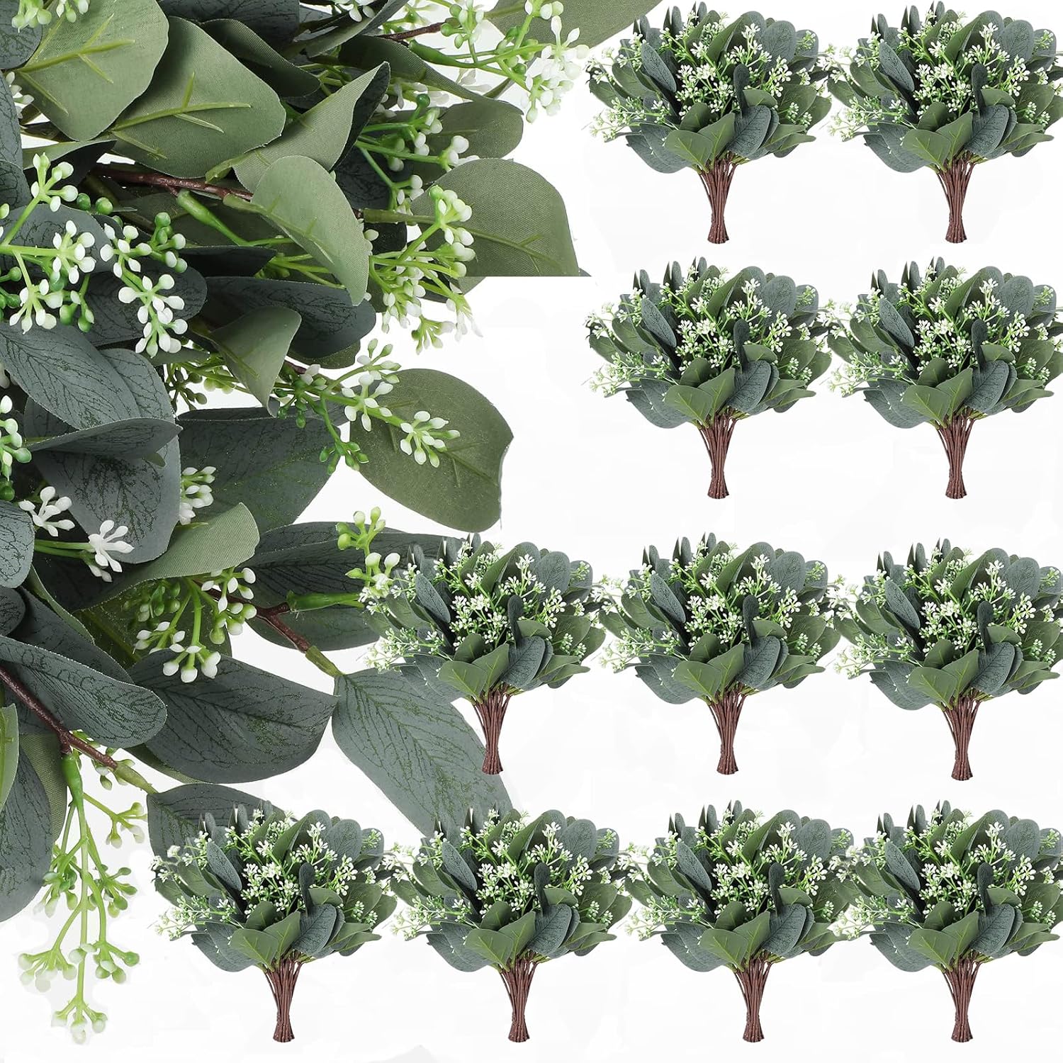 Artificial Leaves Seeded Eucalyptus Greenery Faux Plant Branches / Silver / Set of 80