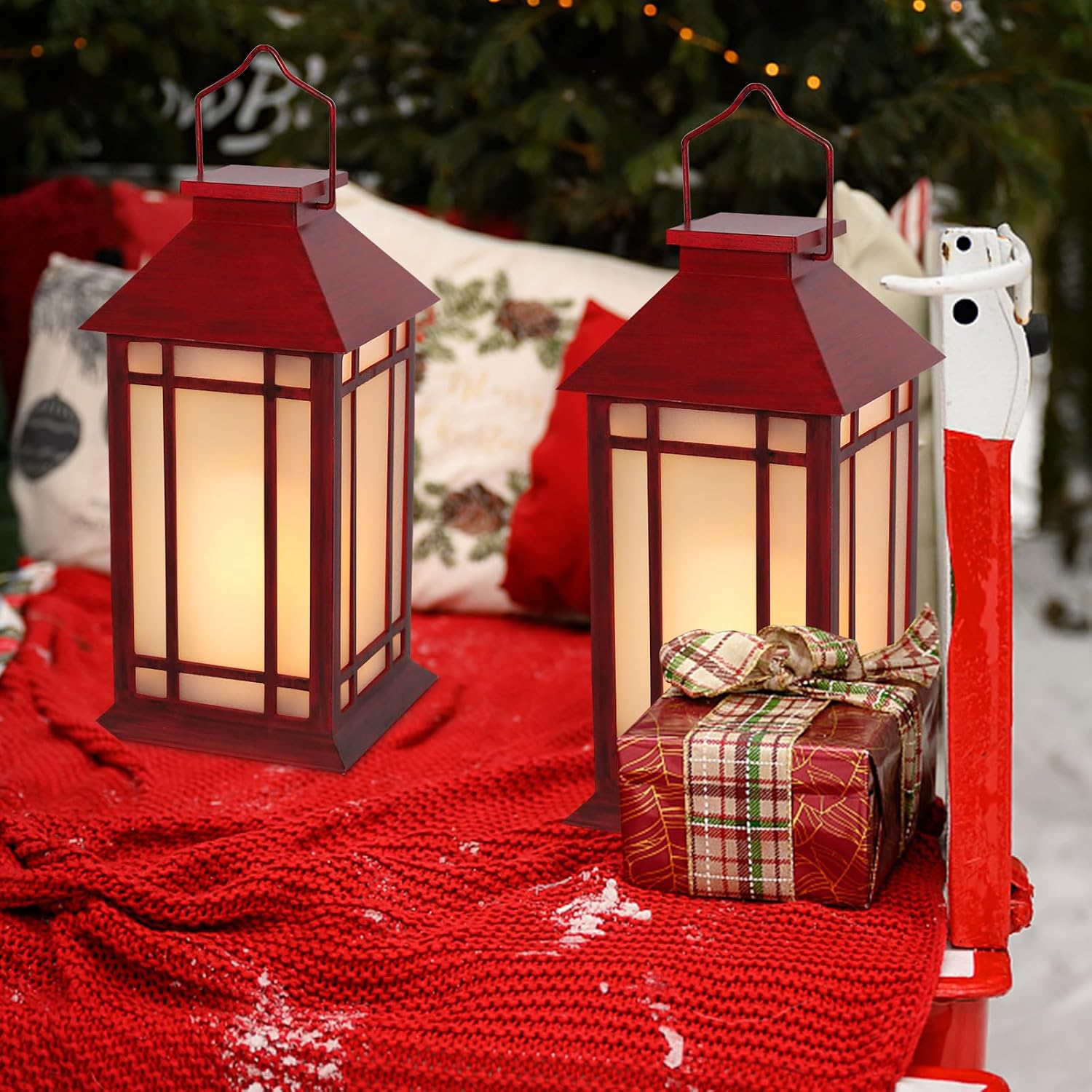 Christmas Lanterns Decorative,2pcs Red Lanterns Decorative Outdoor,Decorative Candle Lanterns Flameless Hanging Lights