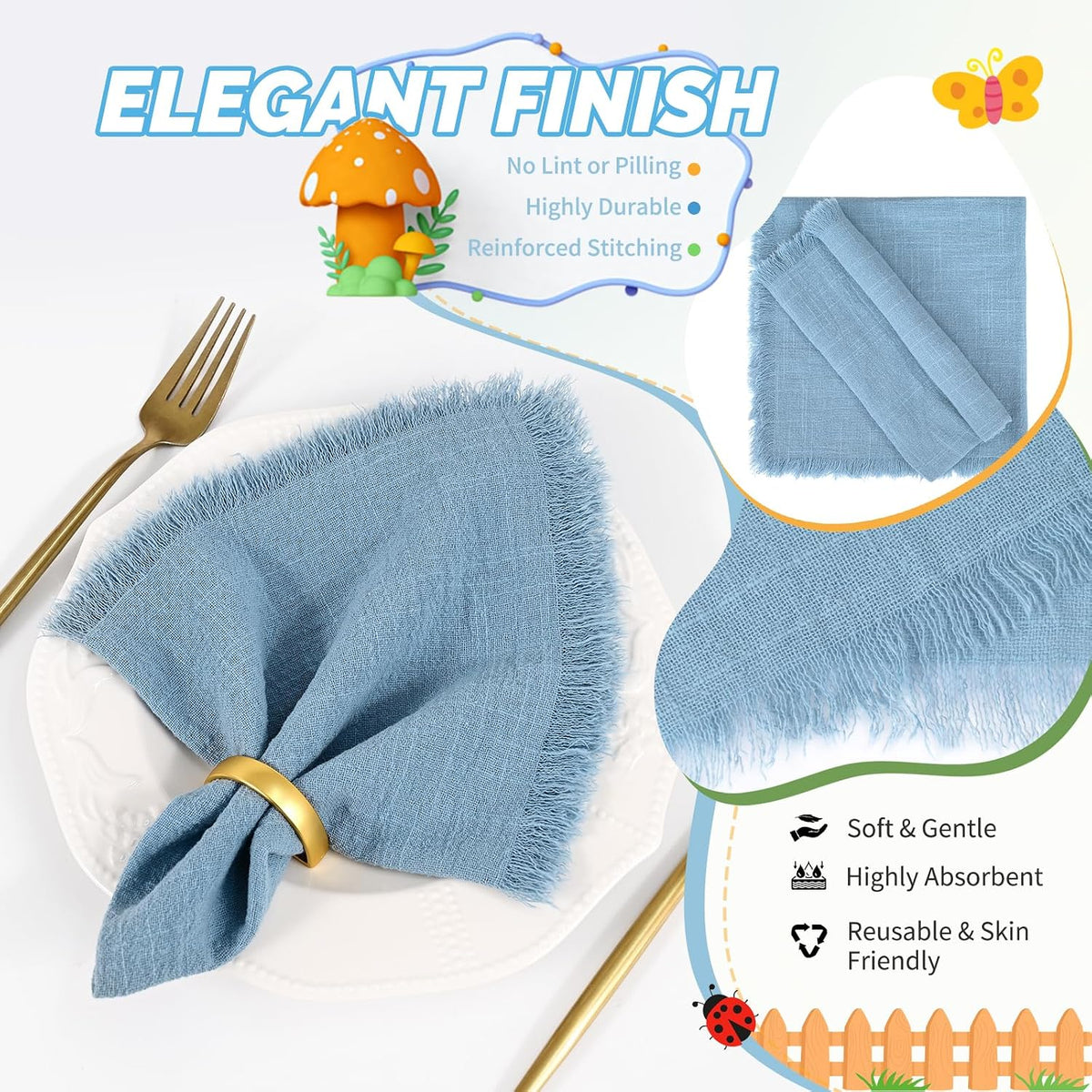Showgeous 30 Pack Dusty Blue Cloth Napkins with Fringe, 16x16 inch | 100% Cotton Blue Napkins Handmade Dinner Napkins