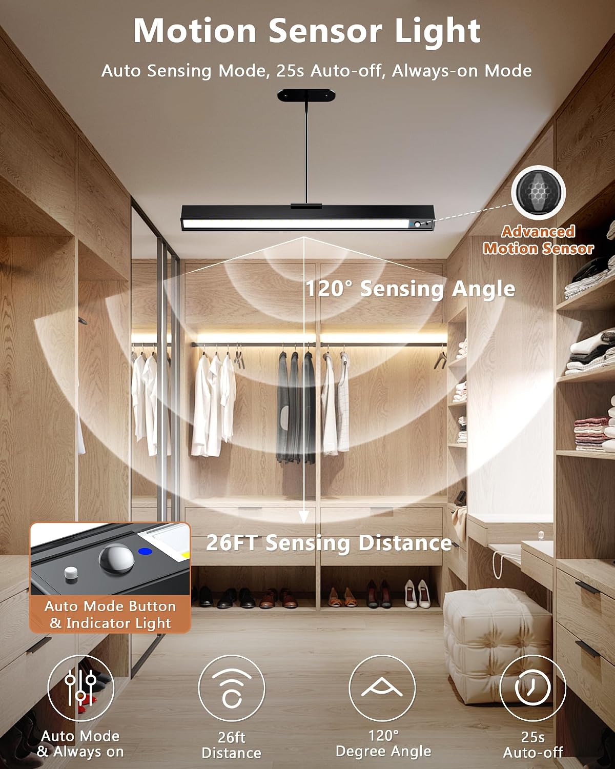 Rechargeable Motion Sensor Ceiling Light, Full Metal Pendant Lights, Battery Operated LED Closet Lights with Remote