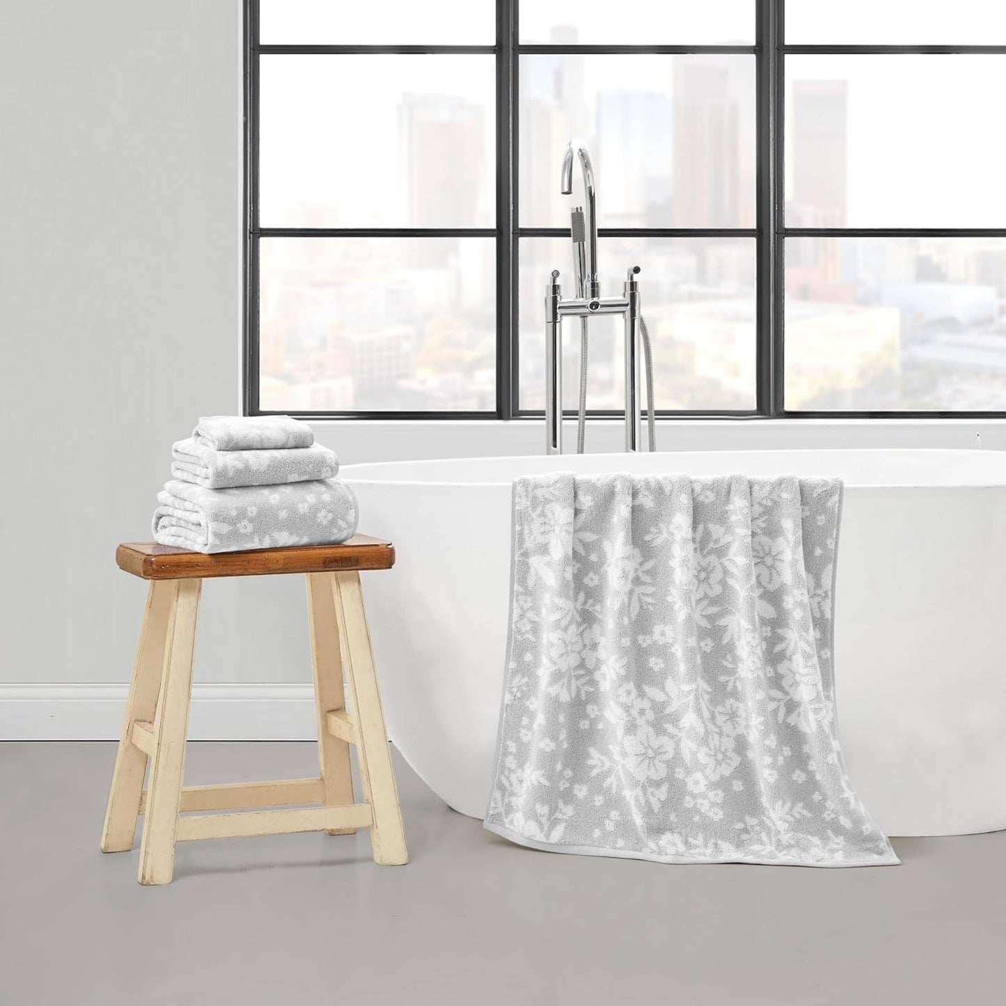 Lucky Brand Folk Floral 6 Piece Bath Towel Set - (2) Bath Towels, (2) Hand Towels, and (2) Washcloths - Glacier Grey