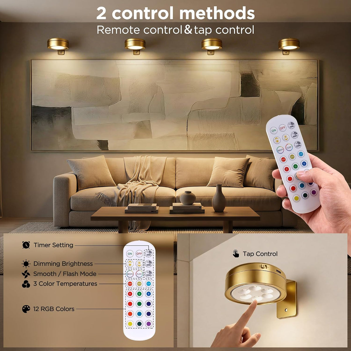 6-Pack Picture Lights for Wall, Rechargeable Cordless Poster Lights, Gold | LED Magnetic Painting Lights with