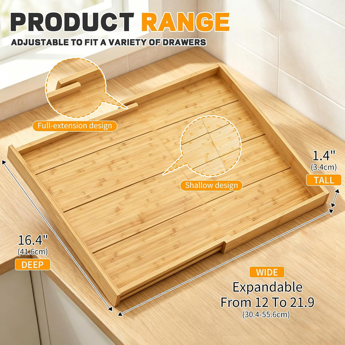 Bamboo Spice Drawer Organizer Expandable(Fits 2.6" Deep or Deeper Drawers), 4-Tier Spice Rack Drawer Insert for Kitchen