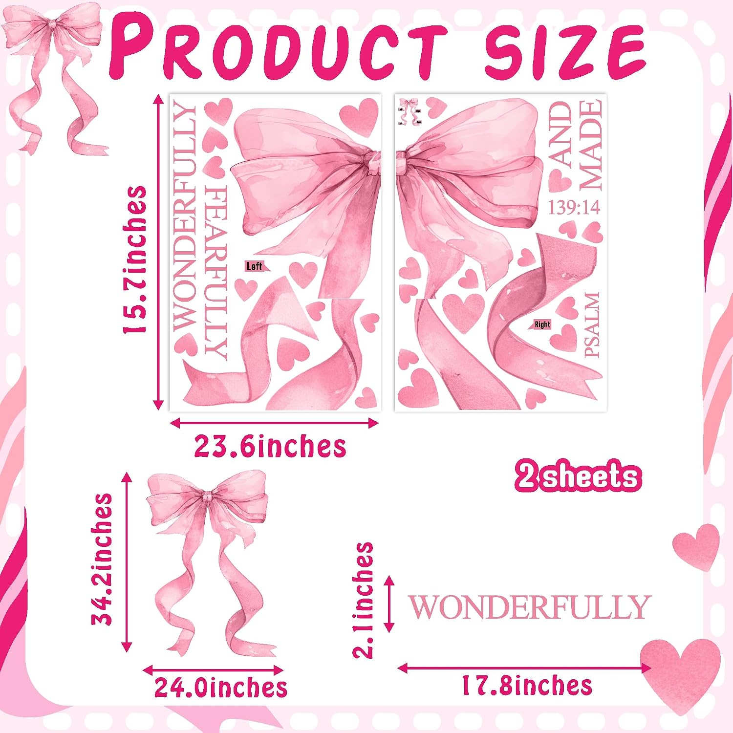 Pink Bow Wall Decor Stickers Inspirational Girls Room Wall Decals Peel and Stick / Large Pink Bow