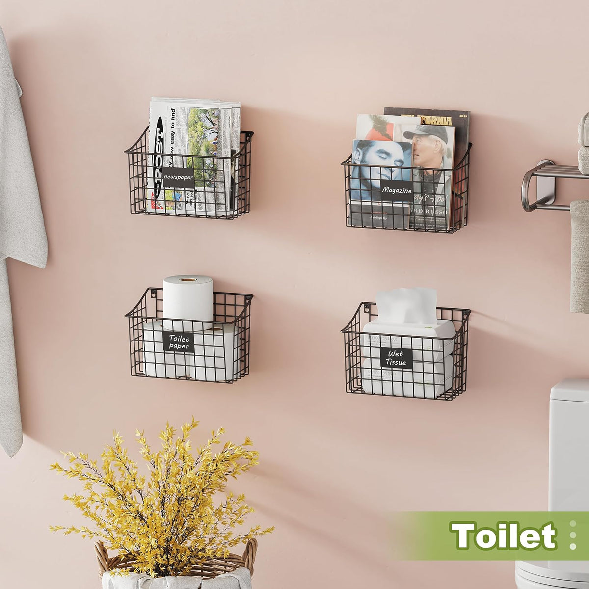 Wall Basket with Label Plate & 5 S-Hooks –4 Pack Hanging Wire Basket for Organizing, Wall Storage for Kitchen