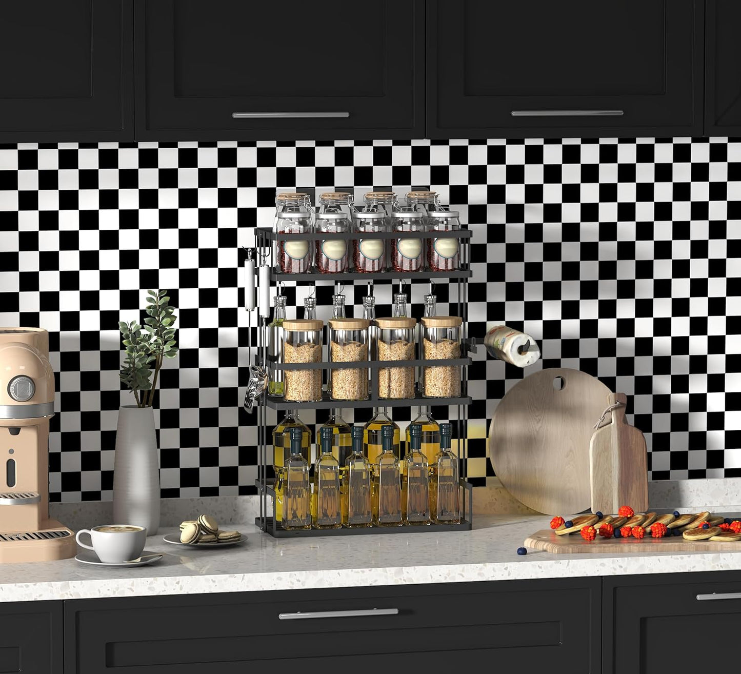 Modern Peel and Stick Wallpaper and White Mosaic Checkered Contact Paper " Self / 17.7 x 197 / Black