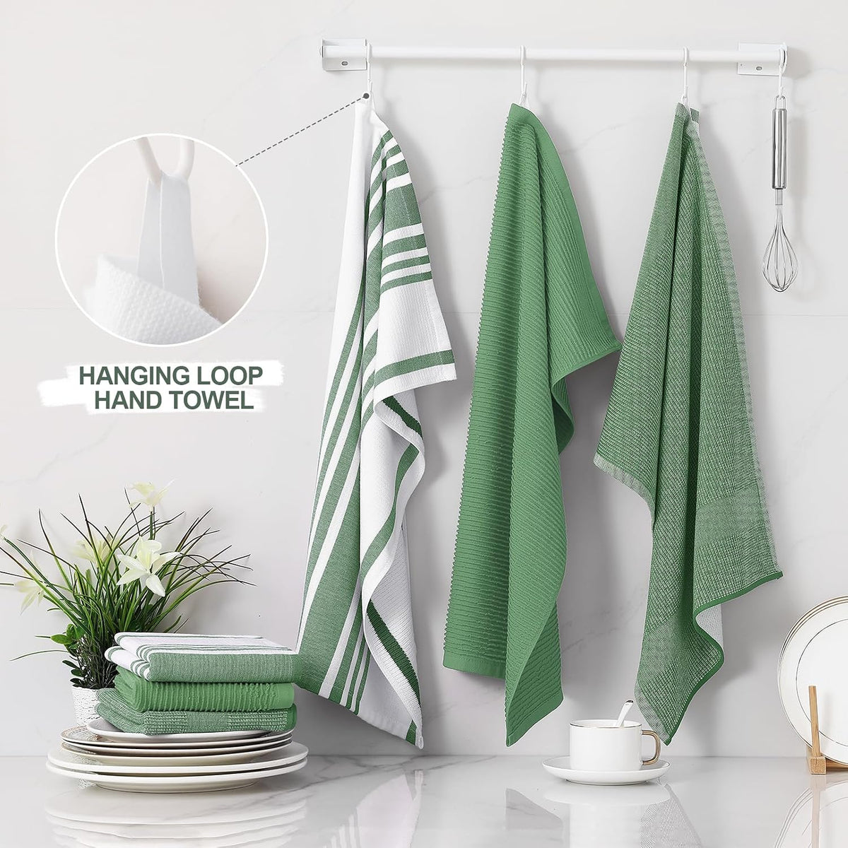 Homaxy Cotton 380 GSM Premium Kitchen Towels, 18"x28", 12 Pack, GrassGreen | Soft and Absorbent Terry Dish Towels