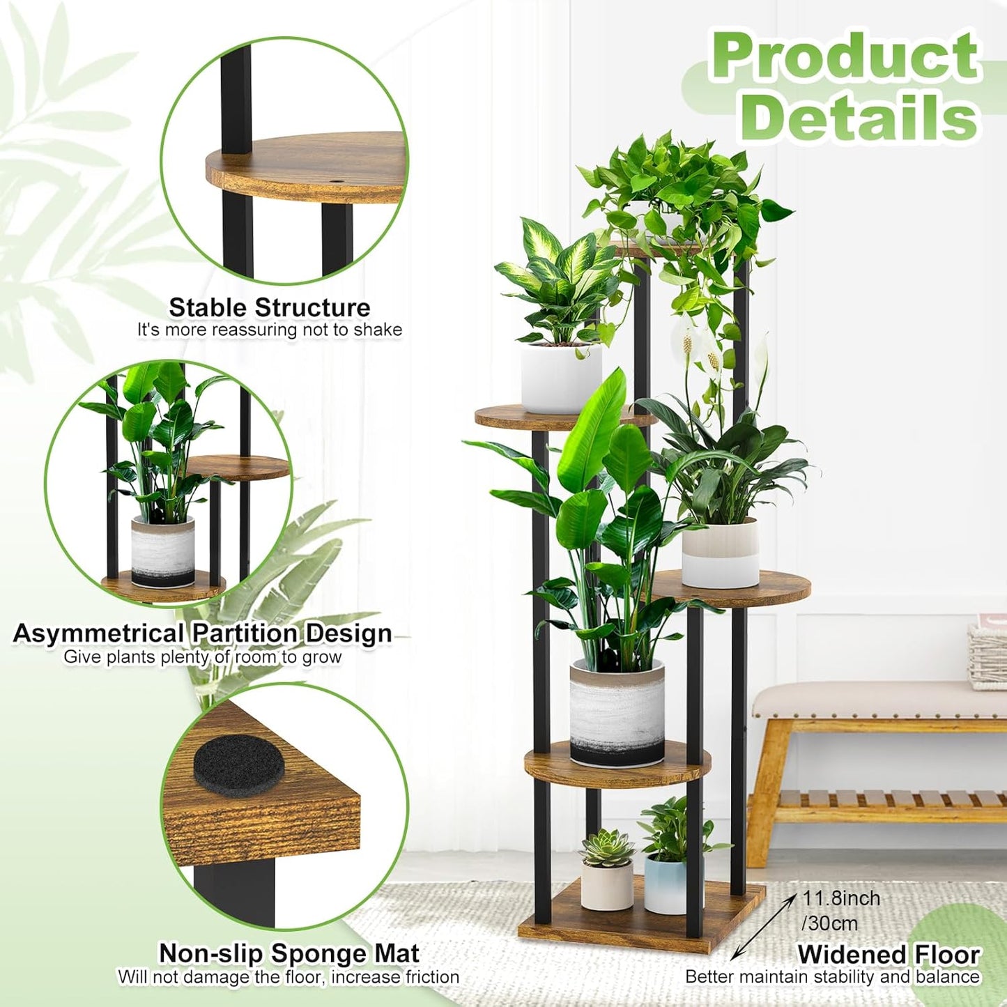 5 Tier Wood Tall Plant Stand Metal Rack Indoor, Multiple Flower Pot Holder Shelves Corner Rack, Round Planter Shelf