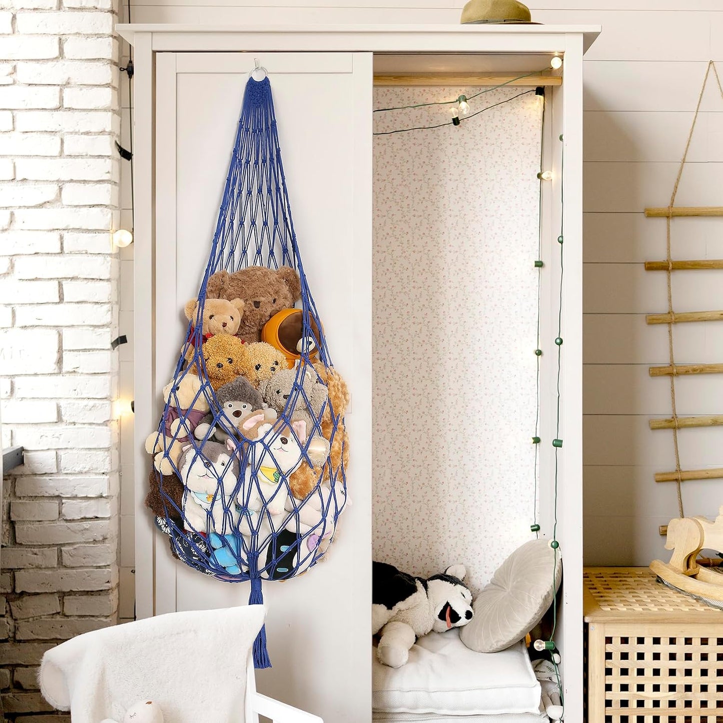 Stuffed Animal Storage Toy Hammock Corner Hanging Net for Stuff Animal Storage Macrame / Blue / L