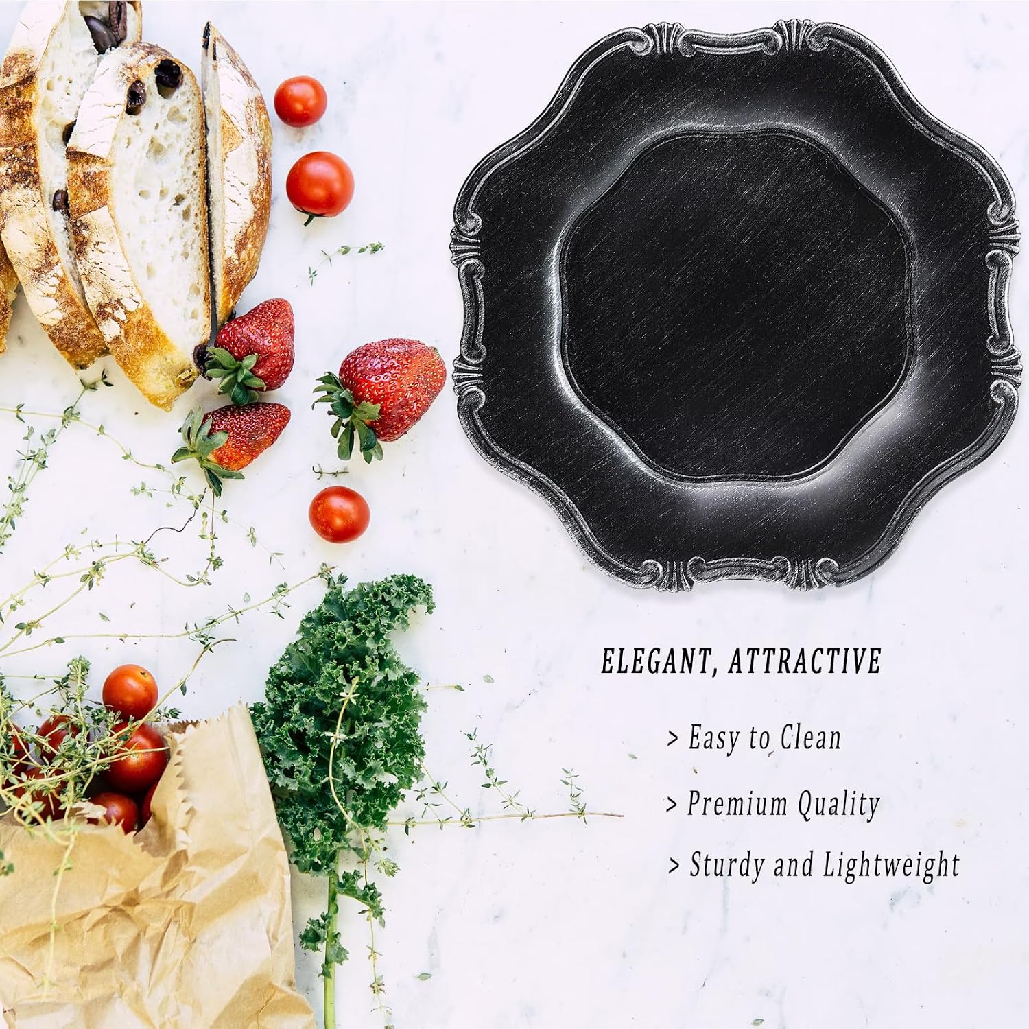 Black Charger Plates Set of 6, Decorative Table Plastic Chargers for Dinner Plates, Party, Wedding, Thanksgiving