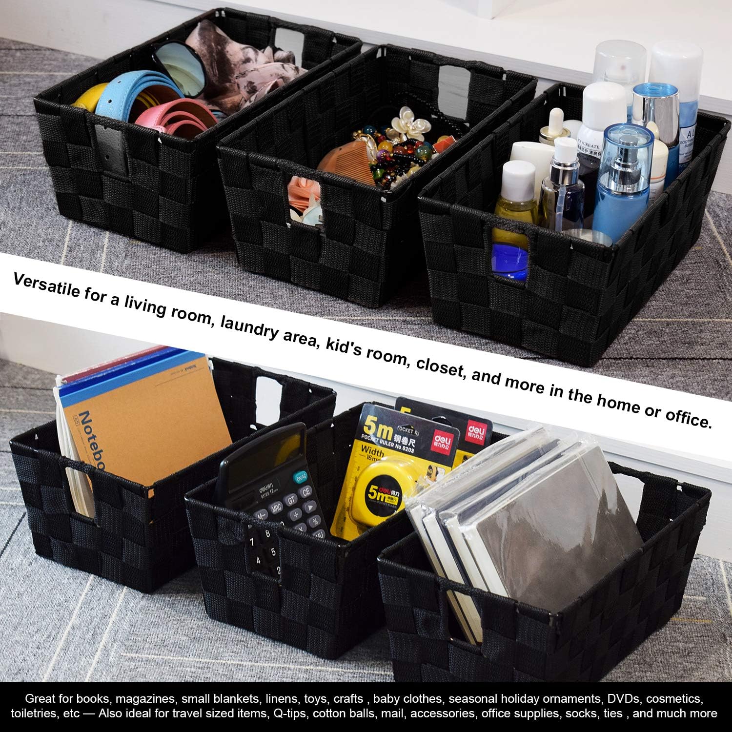Woven Black Storage Baskets Shelf Tote Boxes Container / Woven Strap Black / Set of 3