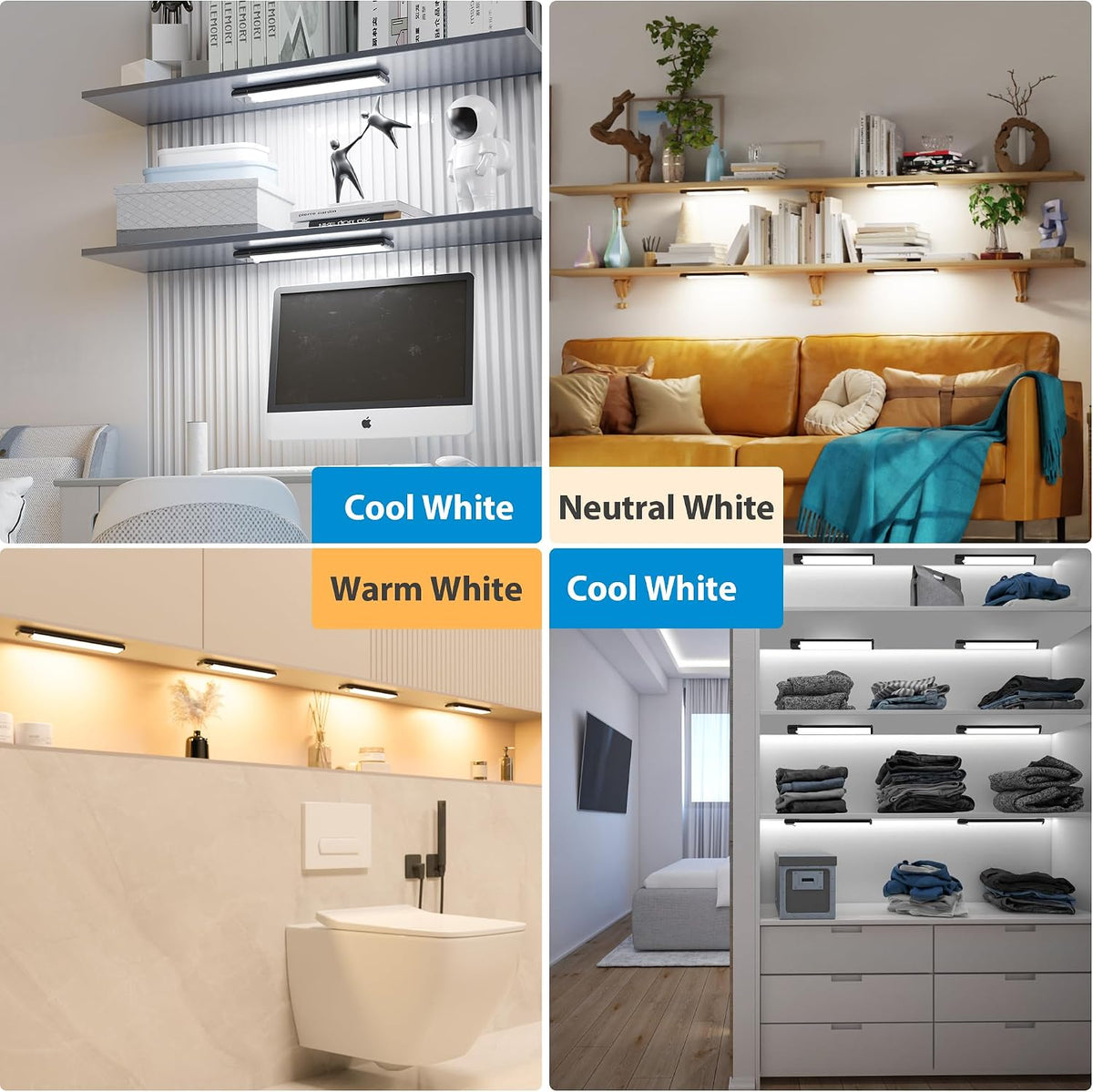 5-Pack Motion Sensor Under Cabinet Light, 3CCT, 7.9 inch, Black | 3 Color Temperature, Dimmable, Rechargeable, Magnetic