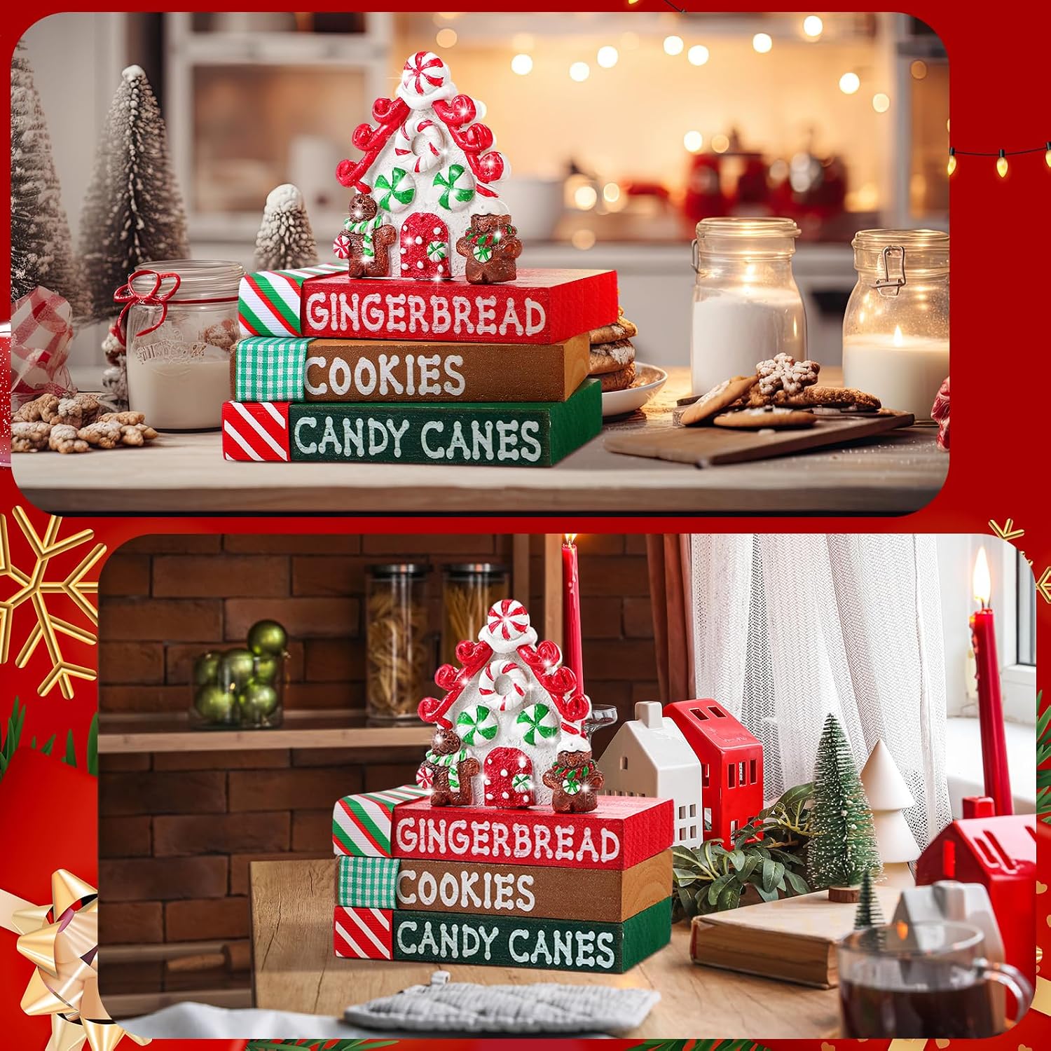 Christmas Table Decoration Resin Gingerbread House Tiered Tray Decor Wood Rustic Gingerbread Block