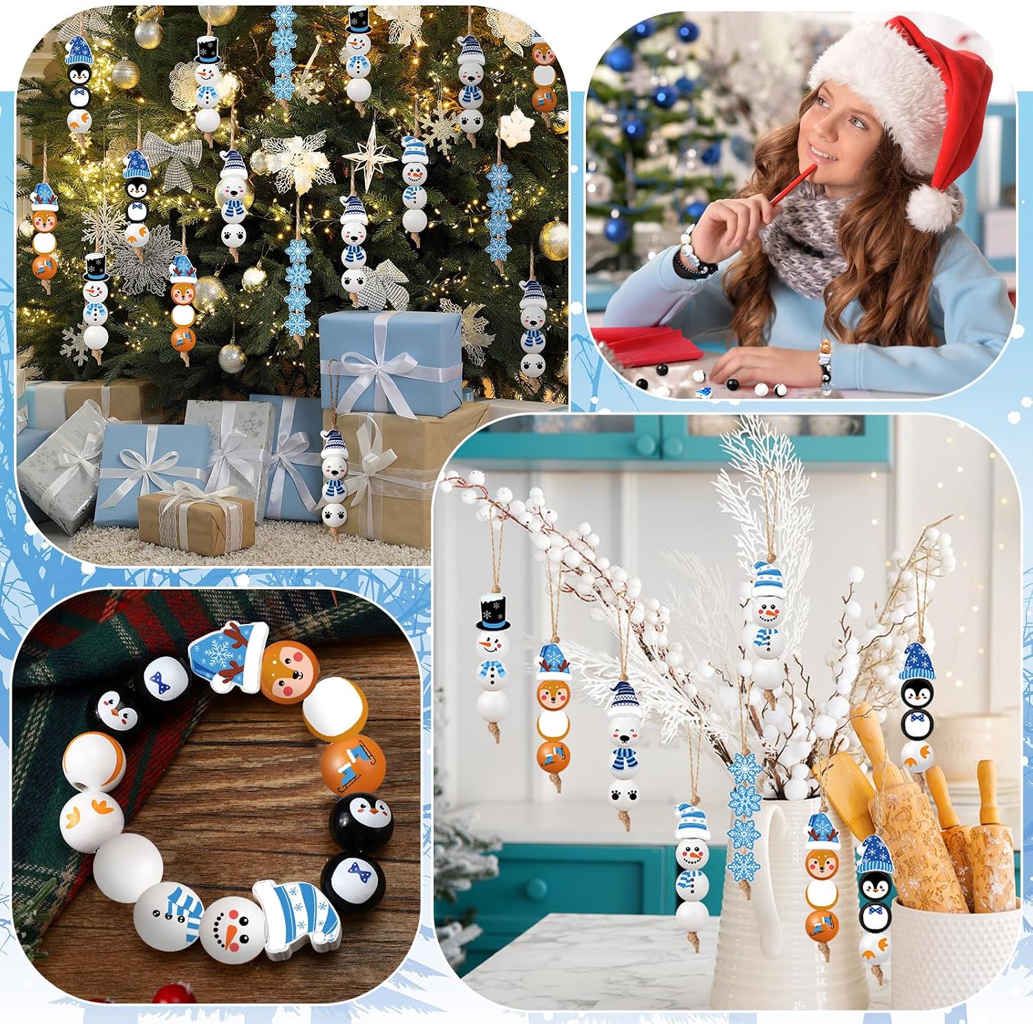 Twine Snowman Gingerbread Man Nutcracker Wooden Bead Garland / Set of 240