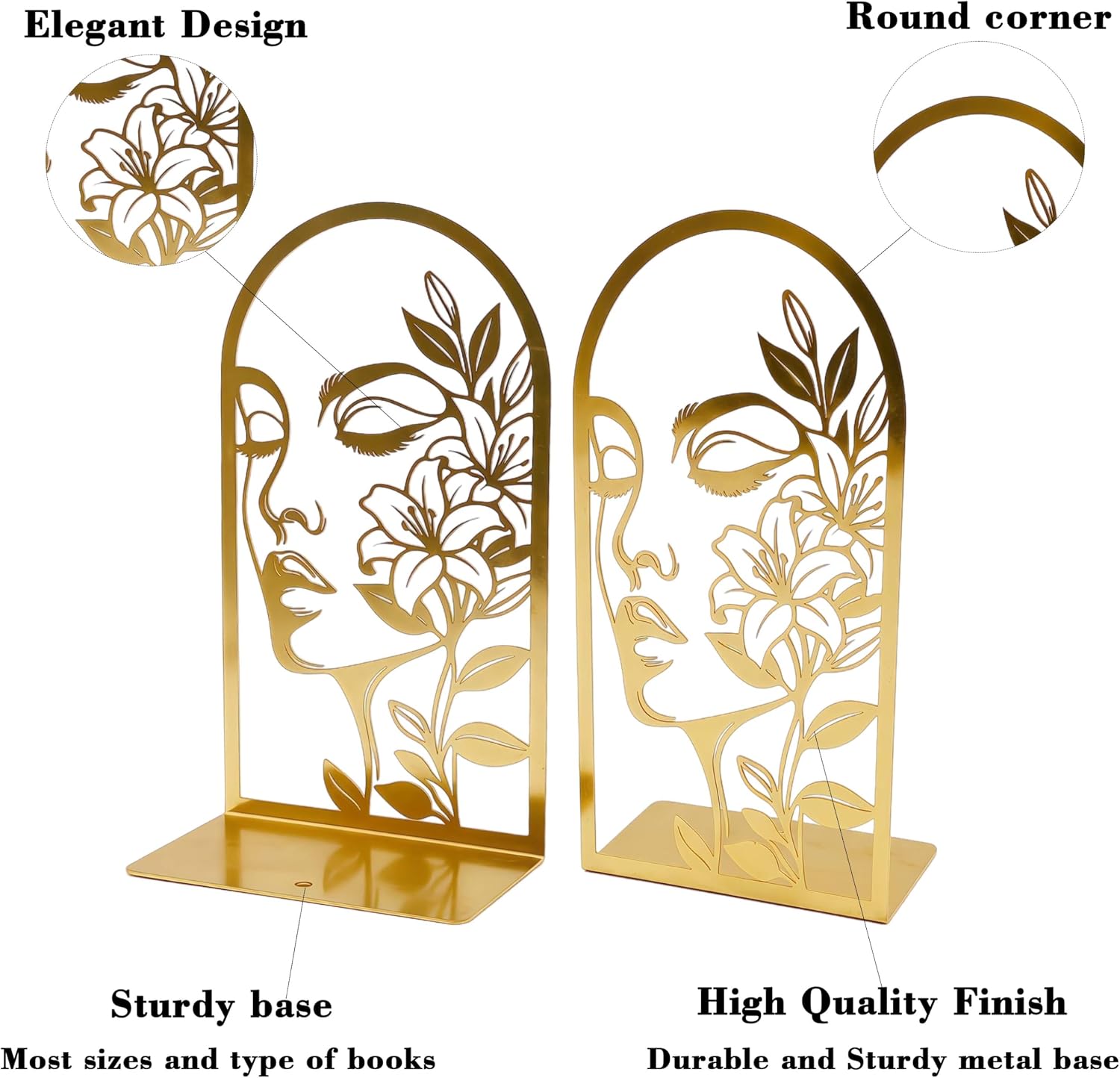 Metal Line Art Woman Lily Flower Bookends for Heavy Books / Gold