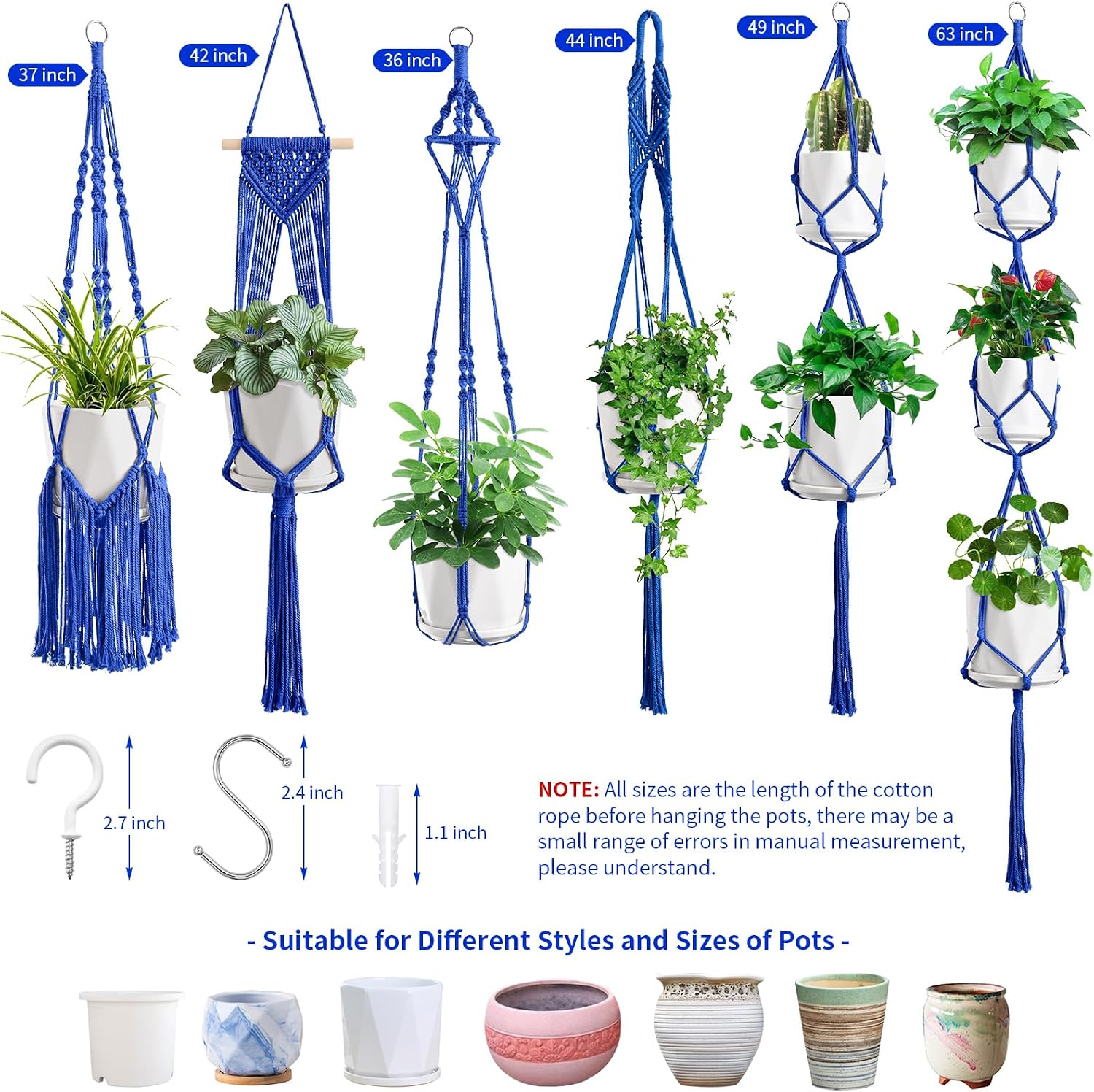 Macrame Plant Hangers / Navy Blue / Set of 6