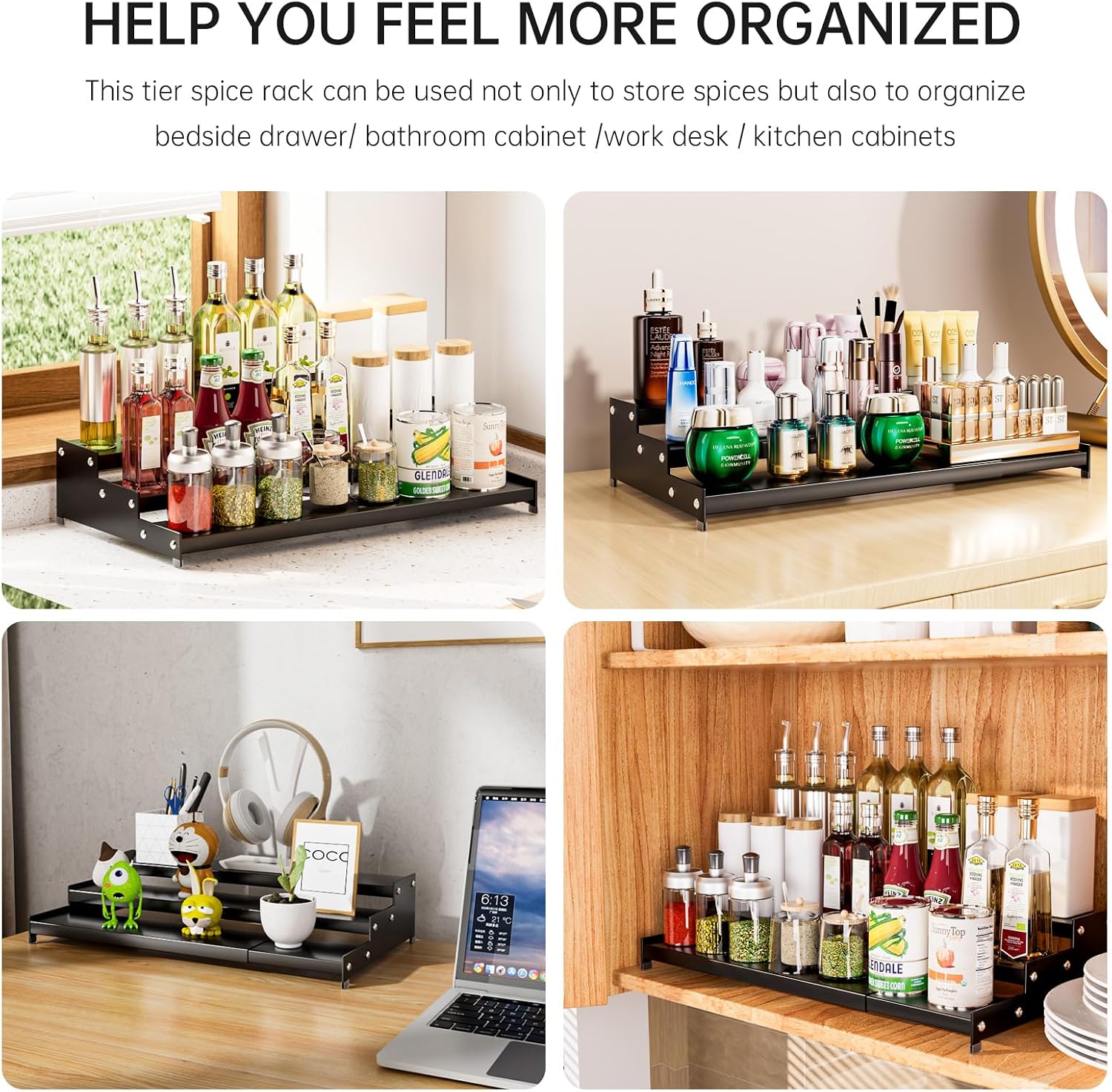 Expandable Carbon Steel Spice Rack Organizer for Pantry, Adjustable 3-Tier Ladder Shelf,Holds Up to 24 Cans,Kitchen