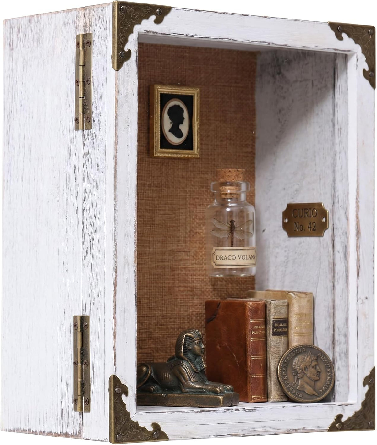 Deep Shadow Box Frame 8x10 with 3.5" Depth, White Wood Display Case with Real Glass Door, Vintage Lock, Extra Deep