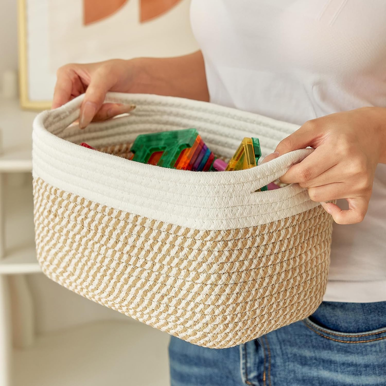Bathroom Storage Basket / White & Mixed Camel / 10.6 x 6.7 x 6.7