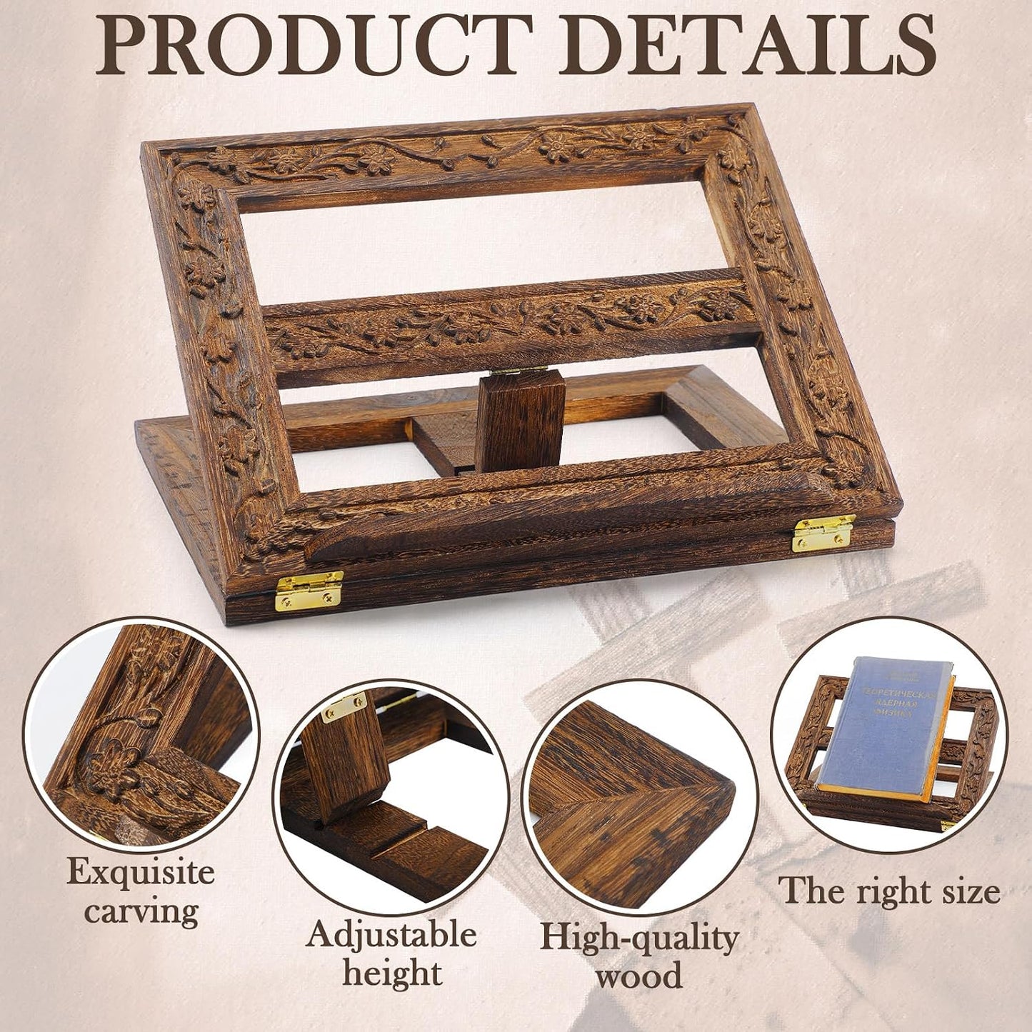 DoubleFill Adjustable Wooden Bible Stand Carved Bible Holder Missal Stand Book Display for Reading Folding Religious