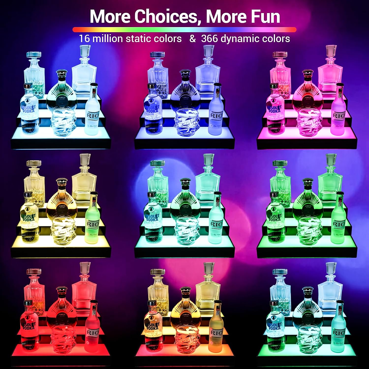 GOH&FTY LED Lighted Liquor Bottle Display Shelf,APP 16inche 3Step LED Bar Shelf with Wireless Remote& Multicolor LED