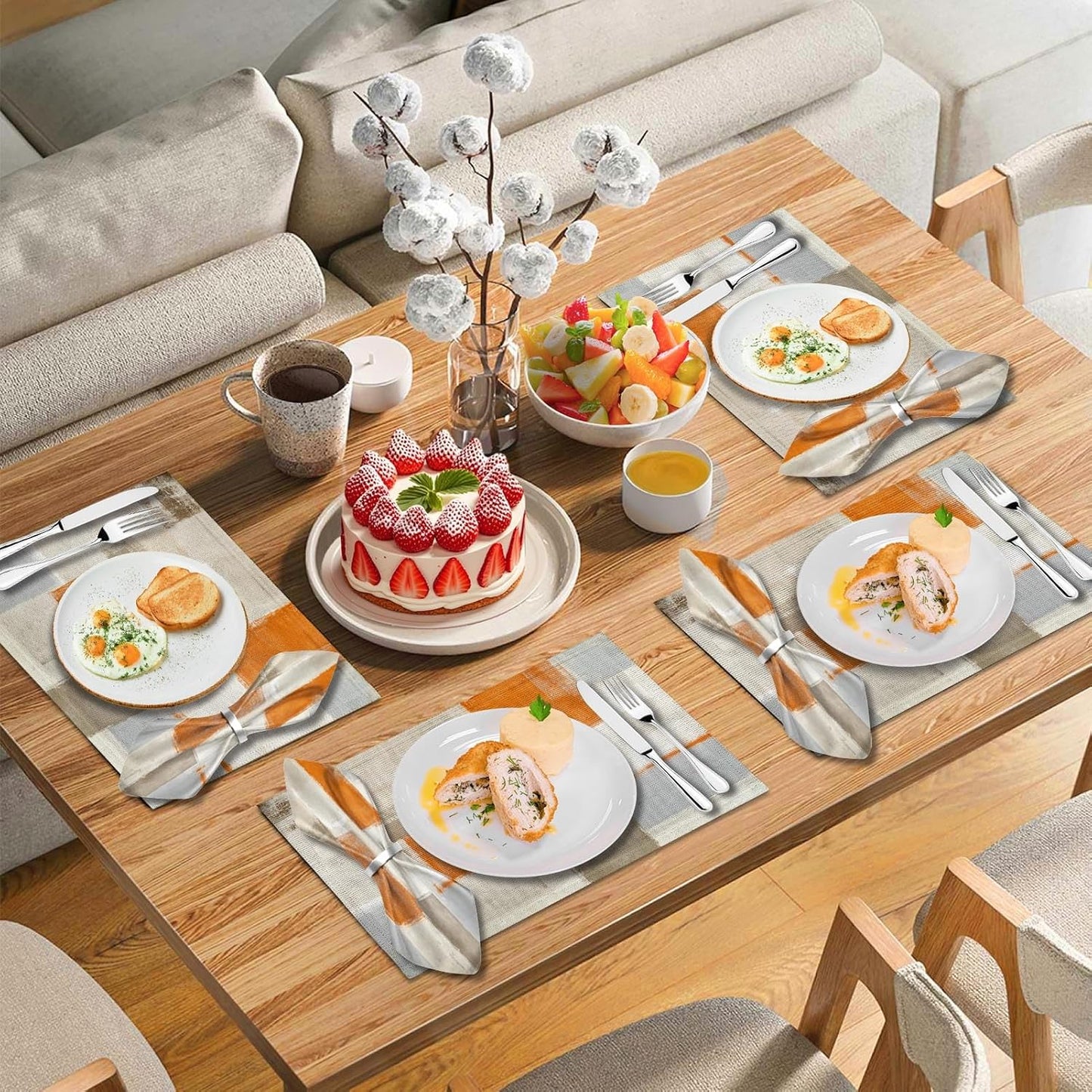 MCALK 4 Each Orange Placemats and Cloth Napkins Set of 8, Modern Abstract Art Painted Placemat for Home Kitchen Decor