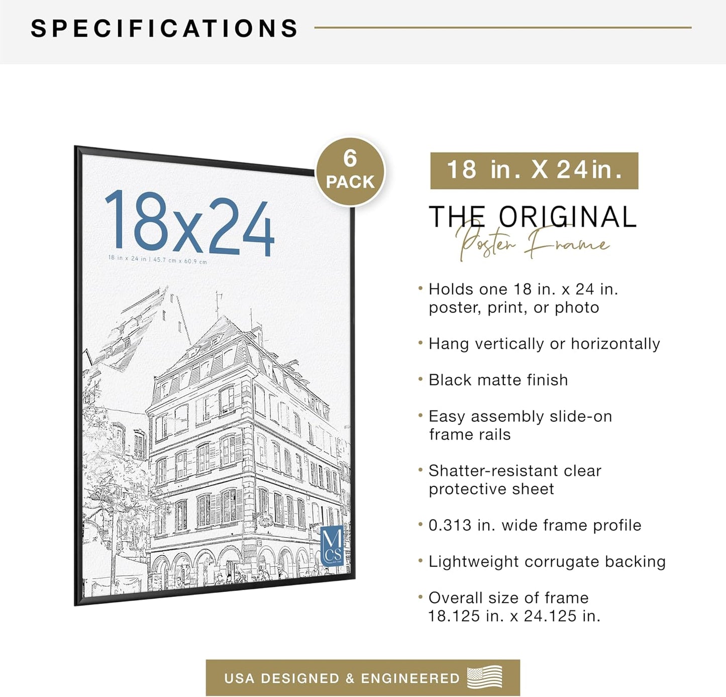 MCS Original Poster Frame, 18x24, Black, Gallery Wall, 6-Pack | Original Lightweight Poster Frame For Art Prints &
