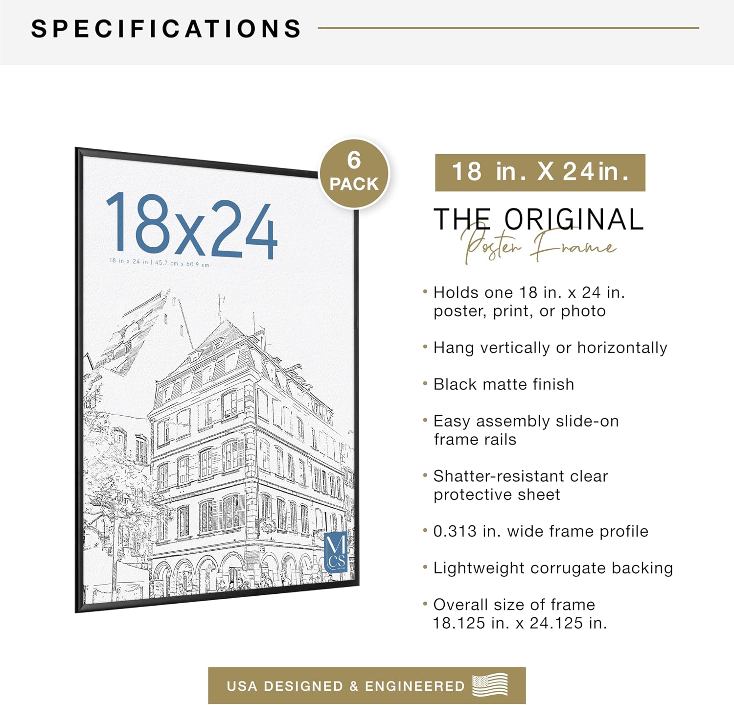 MCS Original Poster Frame, 18x24, Black, Gallery Wall, 6-Pack | Original Lightweight Poster Frame For Art Prints &