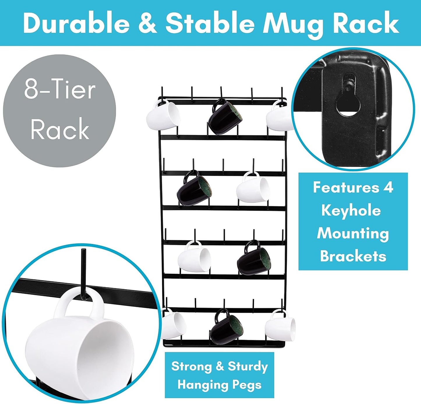 BIRDROCK HOME 36 Peg Coffee Mug Organizer Wall - 8 Tier Wall Mounted Coffee Mug Holder - Tea Cup Display Shelf Wall