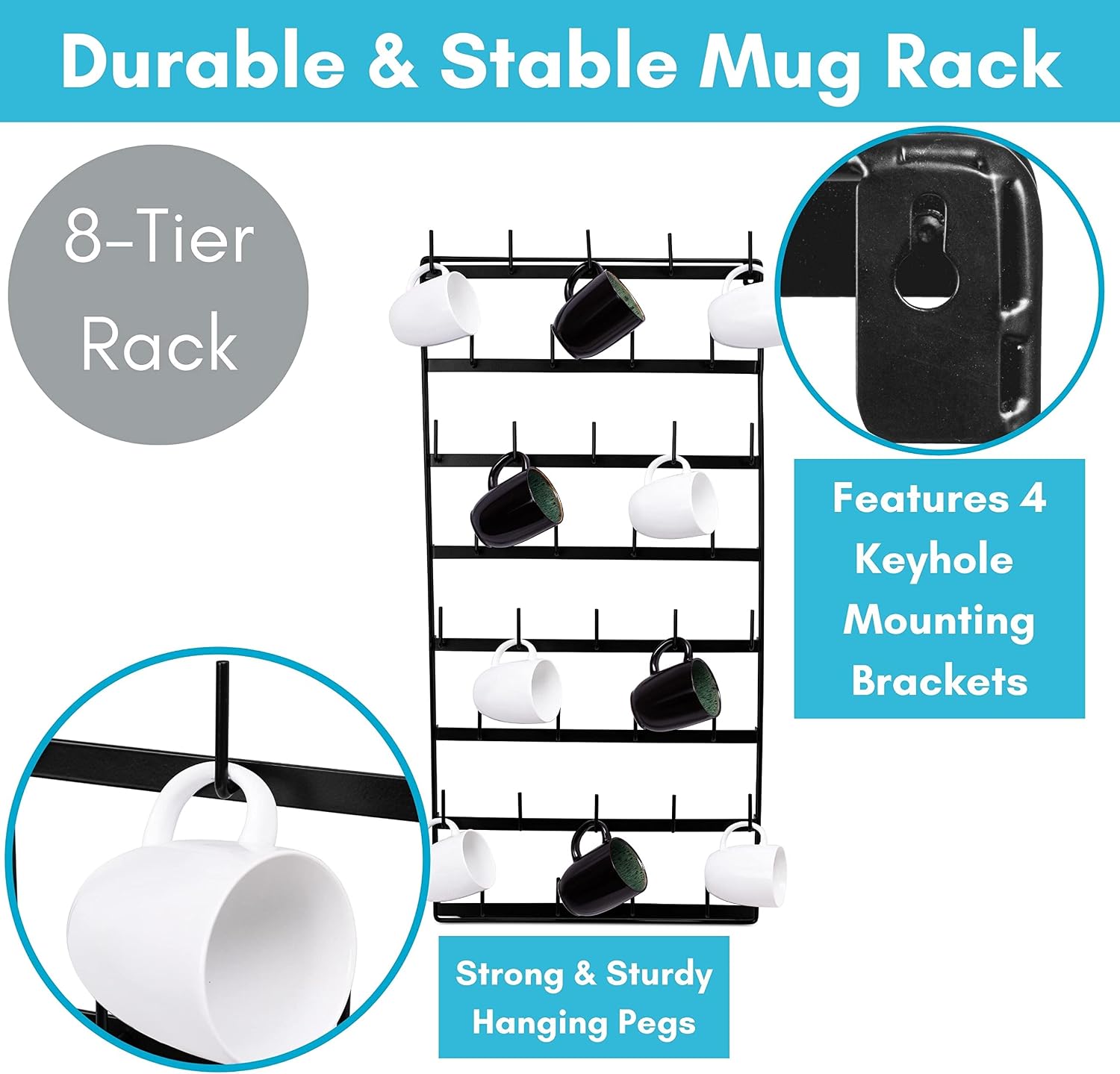 BIRDROCK HOME 36 Peg Coffee Mug Organizer Wall - 8 Tier Wall Mounted Coffee Mug Holder - Tea Cup Display Shelf Wall