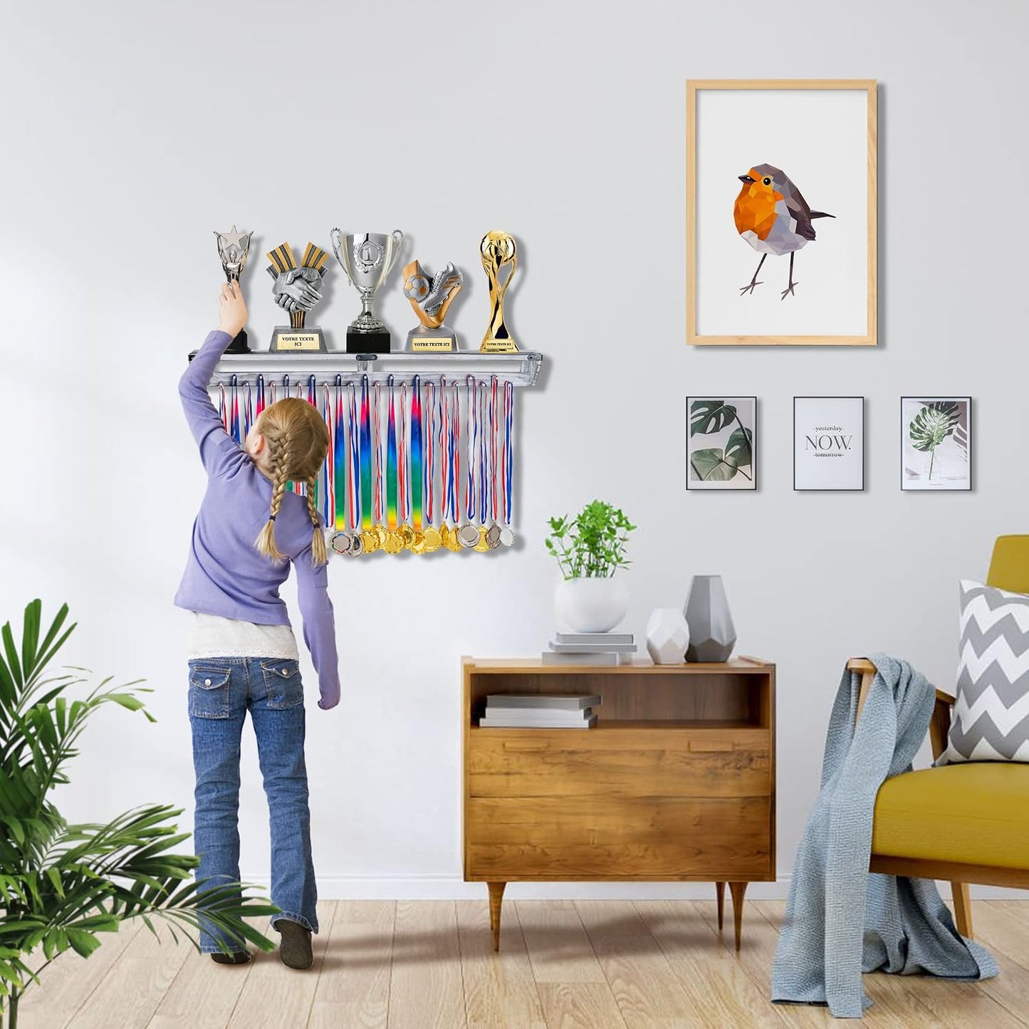 LAVIEVERT Gymnastic Medal Hanger with Storage Shelf, Wooden Wall-Mounted Trophy Shelf, Race Medal Display Rack Holder